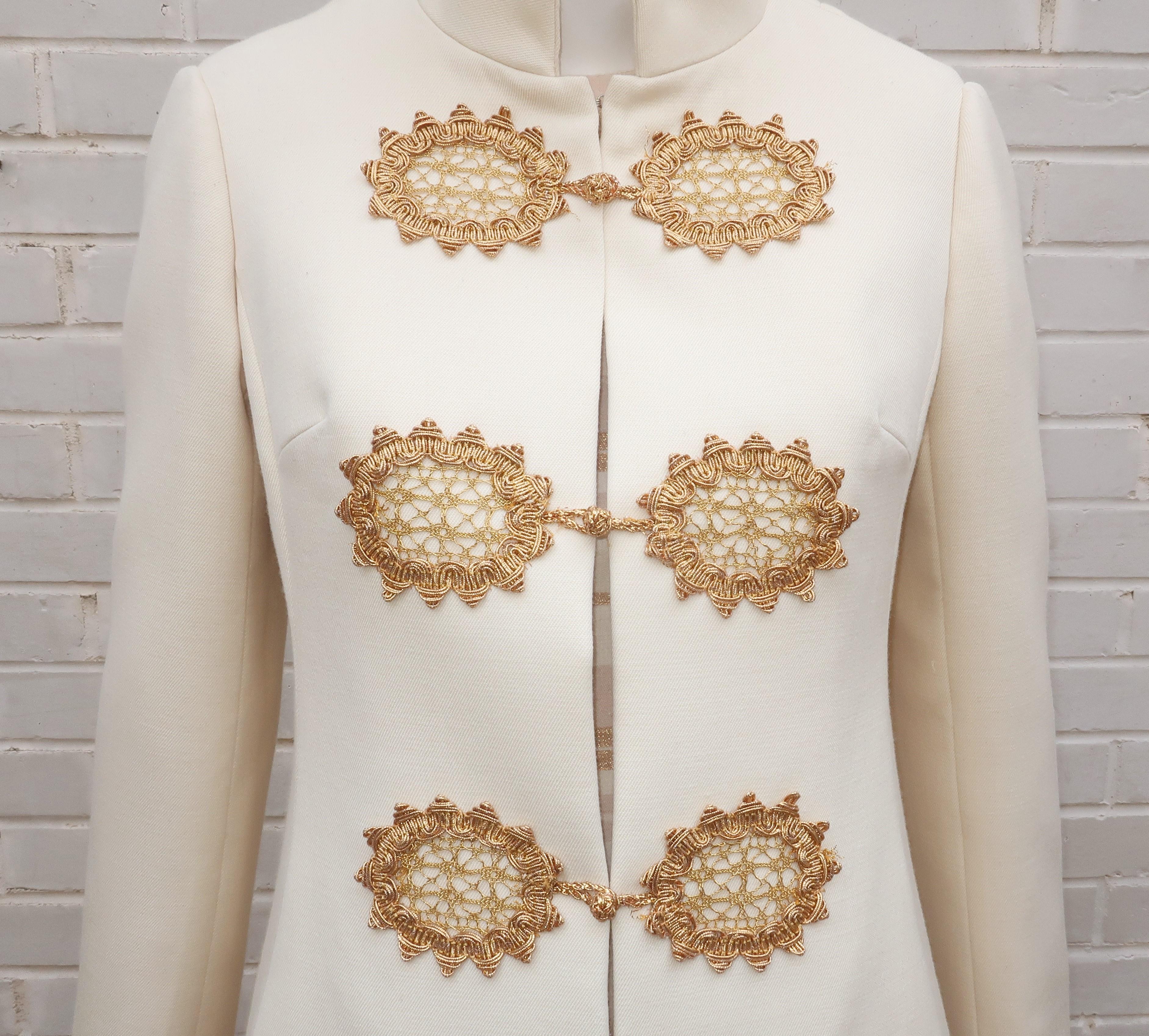 Dynasty Winter White & Gold Dress & Coat Ensemble, 1960's For Sale 1