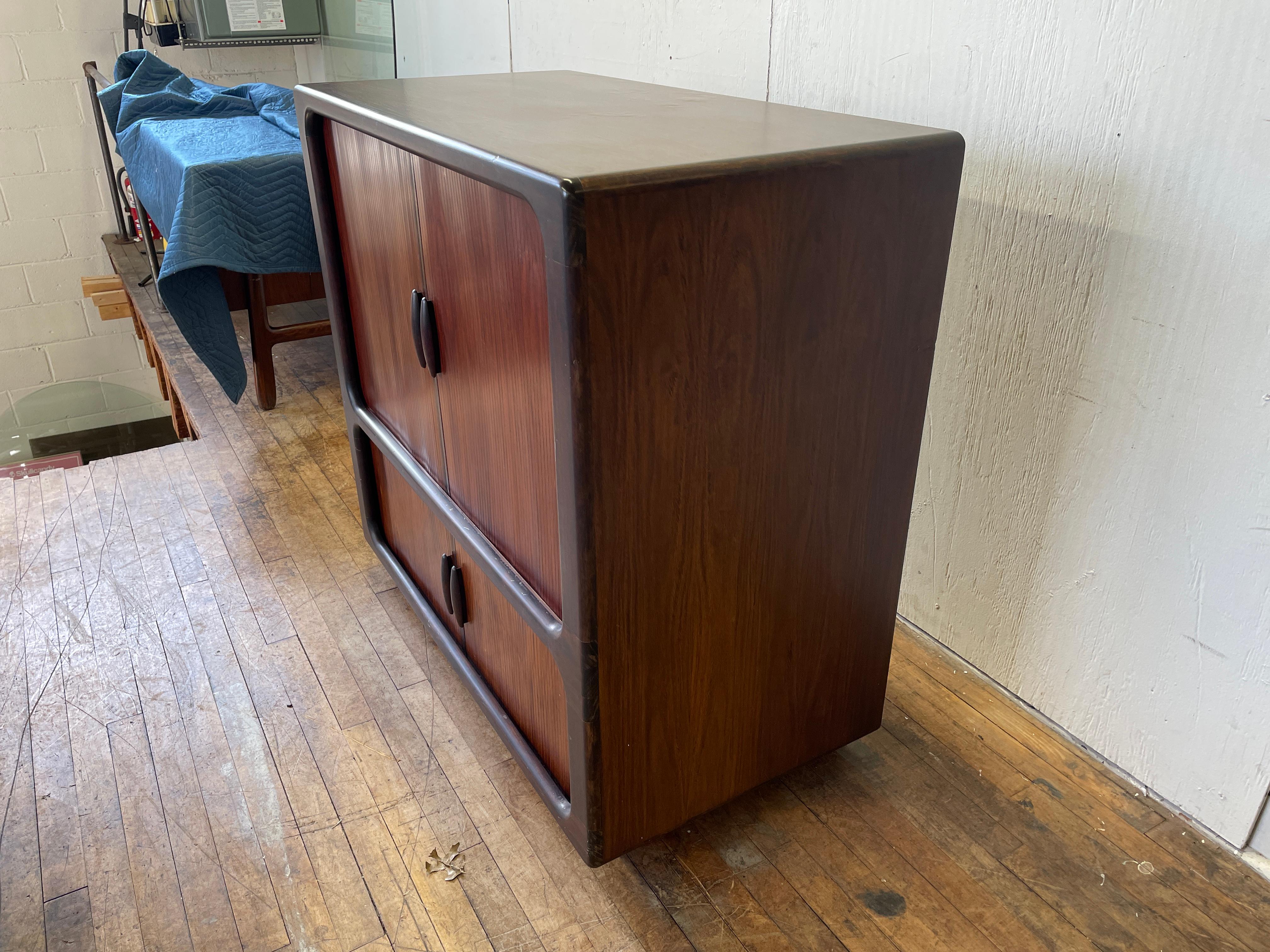 20th Century Dyrlund Danish Rosewood Tambour Door Media Cabinet on Wheels