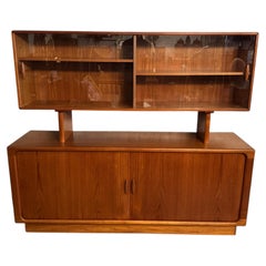 Dyrlund Danish Teak Mid-Century Tambour Door Credenza w/ Glass-Fronted Hutch Top