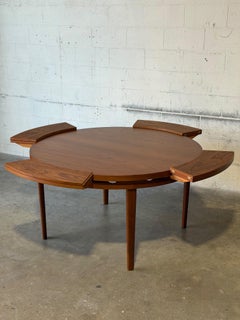 Dyrlund Lotus Round Teak Dining Table with Flip-Out Extension Leaves MCM