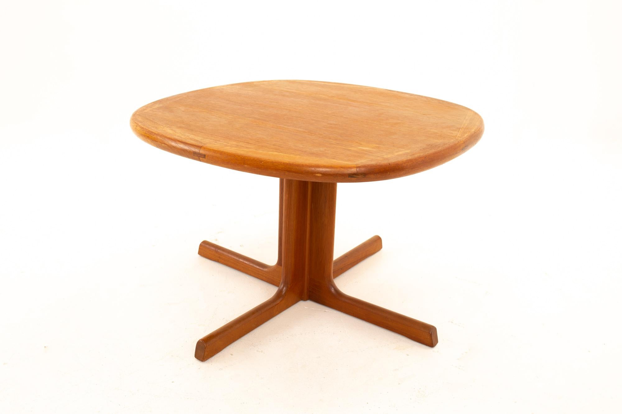 Dyrlund mid century teak small round coffee table
Table measures: 29.75 wide x 29.75 deep x 19.25

All pieces of furniture can be had in what we call restored vintage condition. That means the piece is restored upon purchase so it’s free of