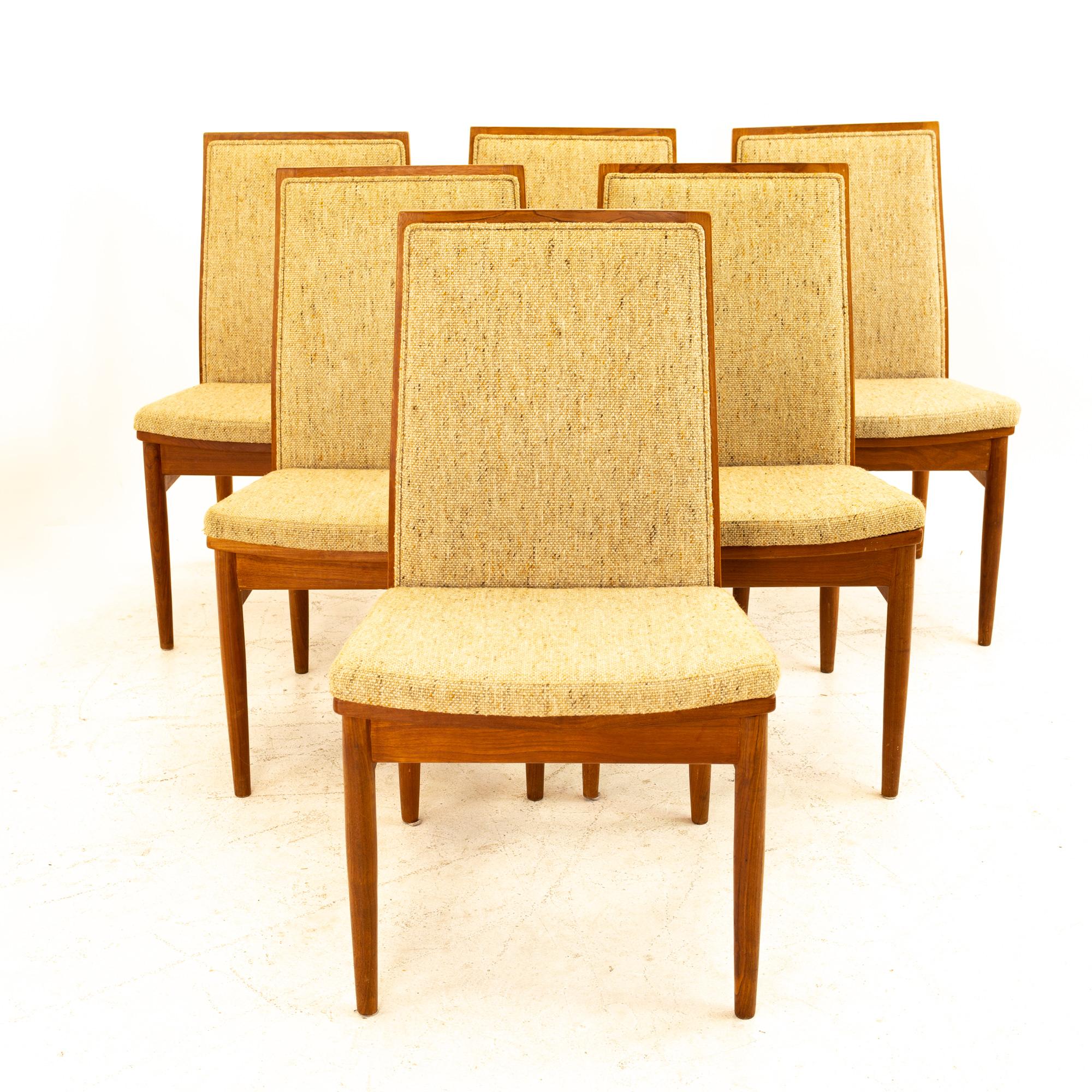 Dyrlund Mid Century teak upholstered dining chairs - set of 6
Each chair measures: 20 wide x 21.25 deep x 35.75 high, with a seat height of 18.5 inches

All pieces of furniture can be had in what we call restored vintage condition. That means the