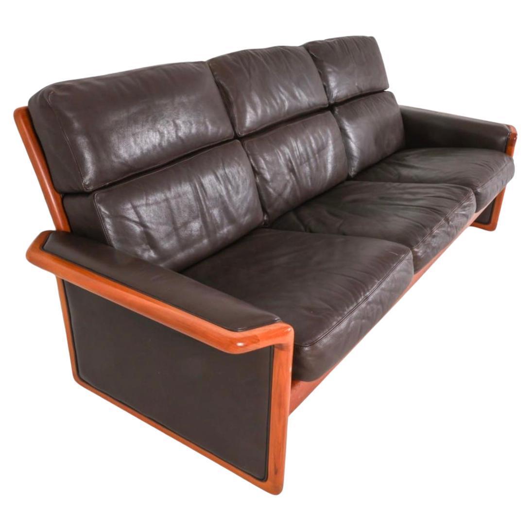 Scandinavian Modern Dyrlund Scandinavian 3 seat Brown leather sofa with teak frame circa 1980 For Sale