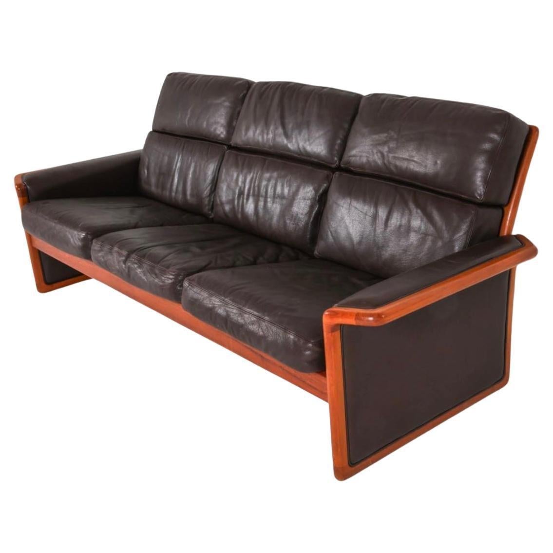 Danish Dyrlund Scandinavian 3 seat Brown leather sofa with teak frame circa 1980 For Sale