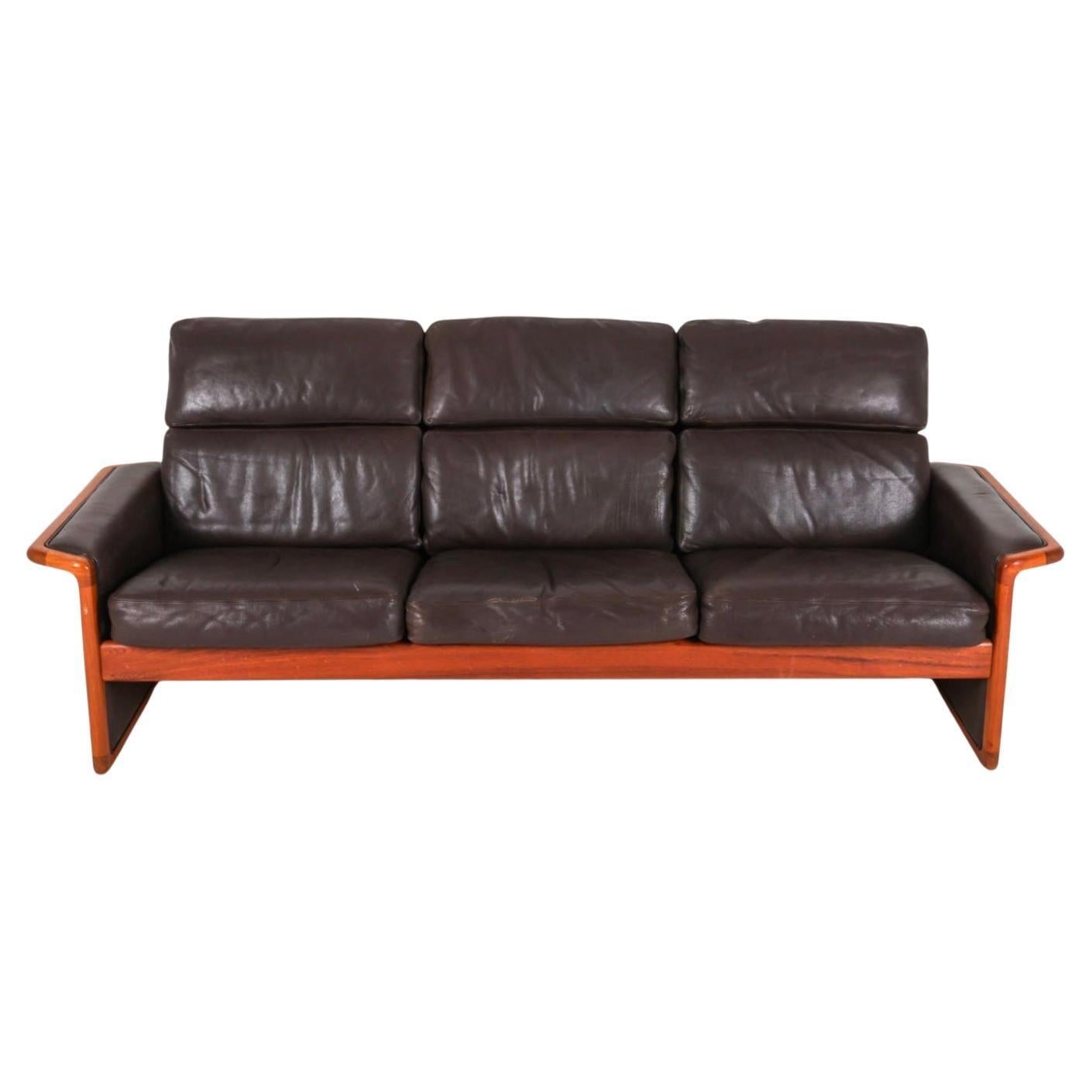 Woodwork Dyrlund Scandinavian 3 seat Brown leather sofa with teak frame circa 1980 For Sale