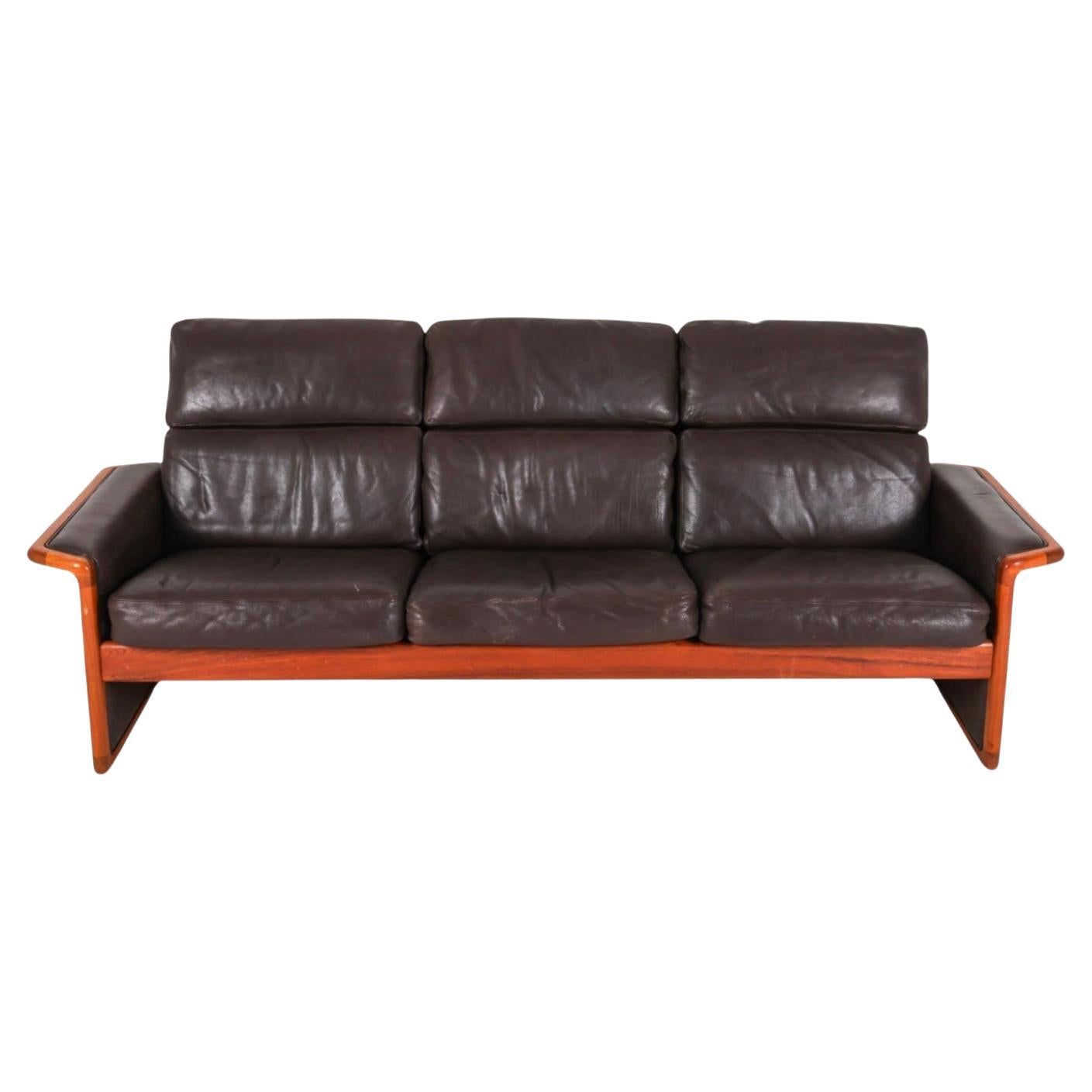 Dyrlund Scandinavian 3 seat Brown leather sofa with teak frame circa 1980