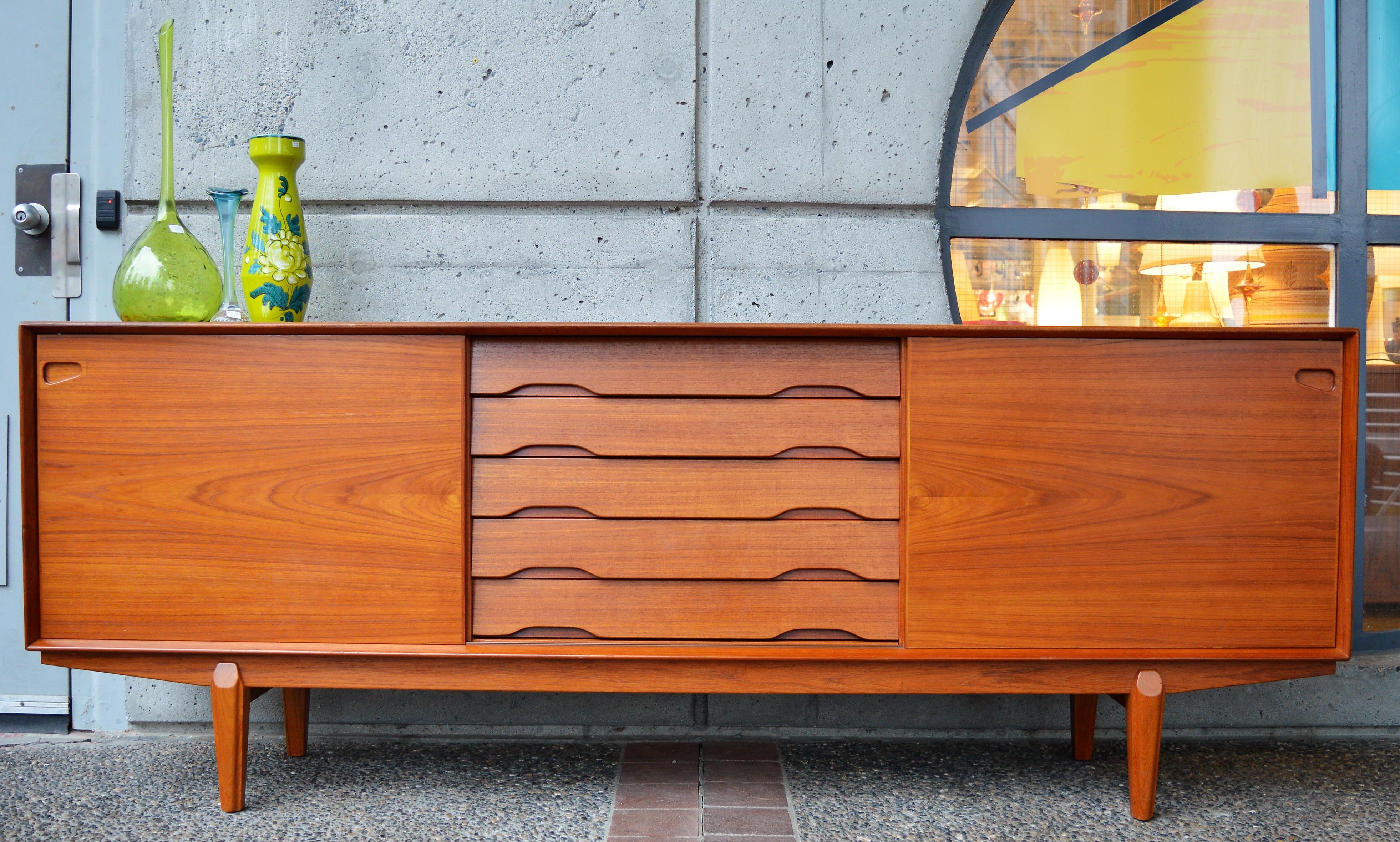 Mid-Century Modern Dyrlund Teak Credenza by Rosengren Hansen with Louver Drawers and Finished Back