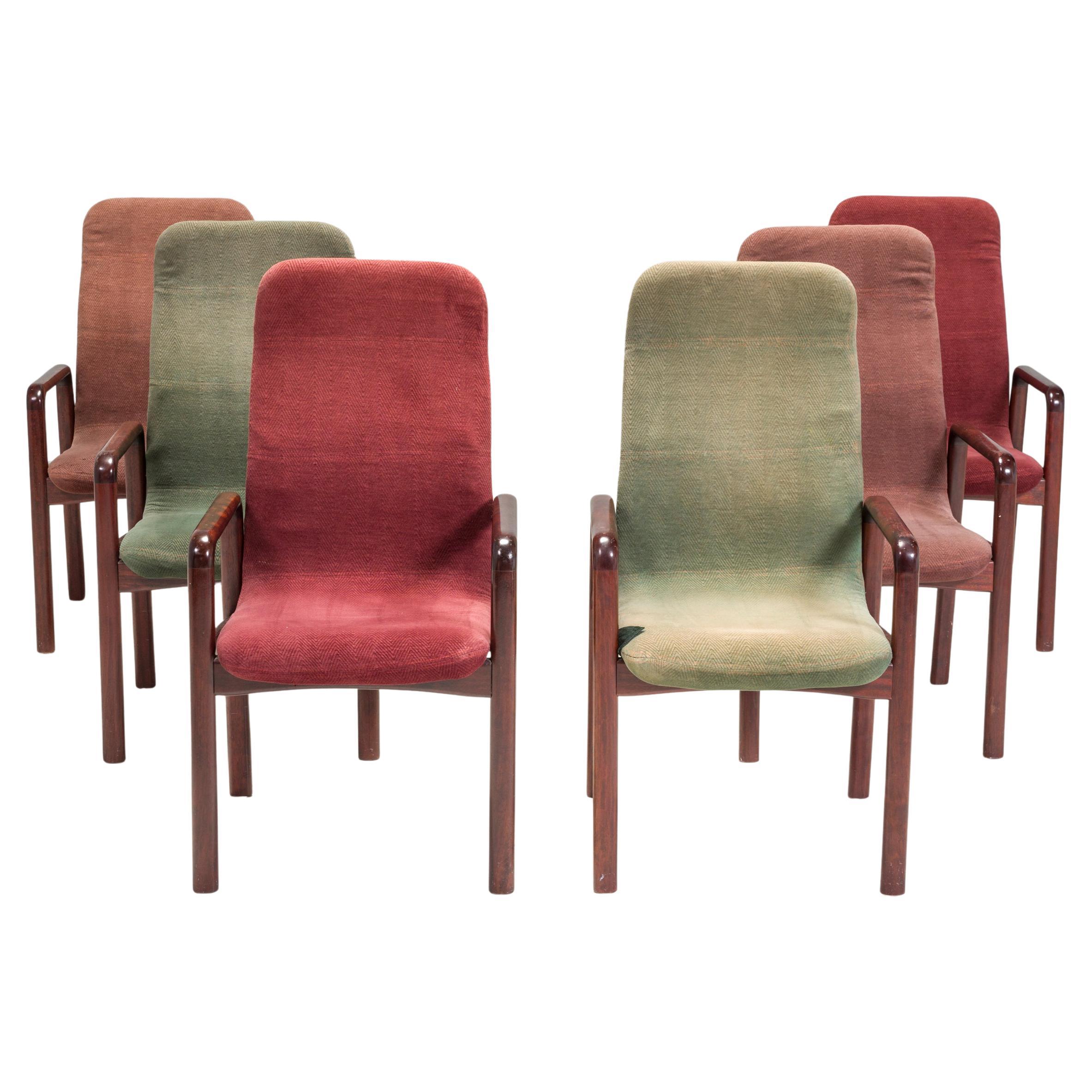 Dyrlund Teak & Green and Red Fabric Dining Chairs, Set of Six