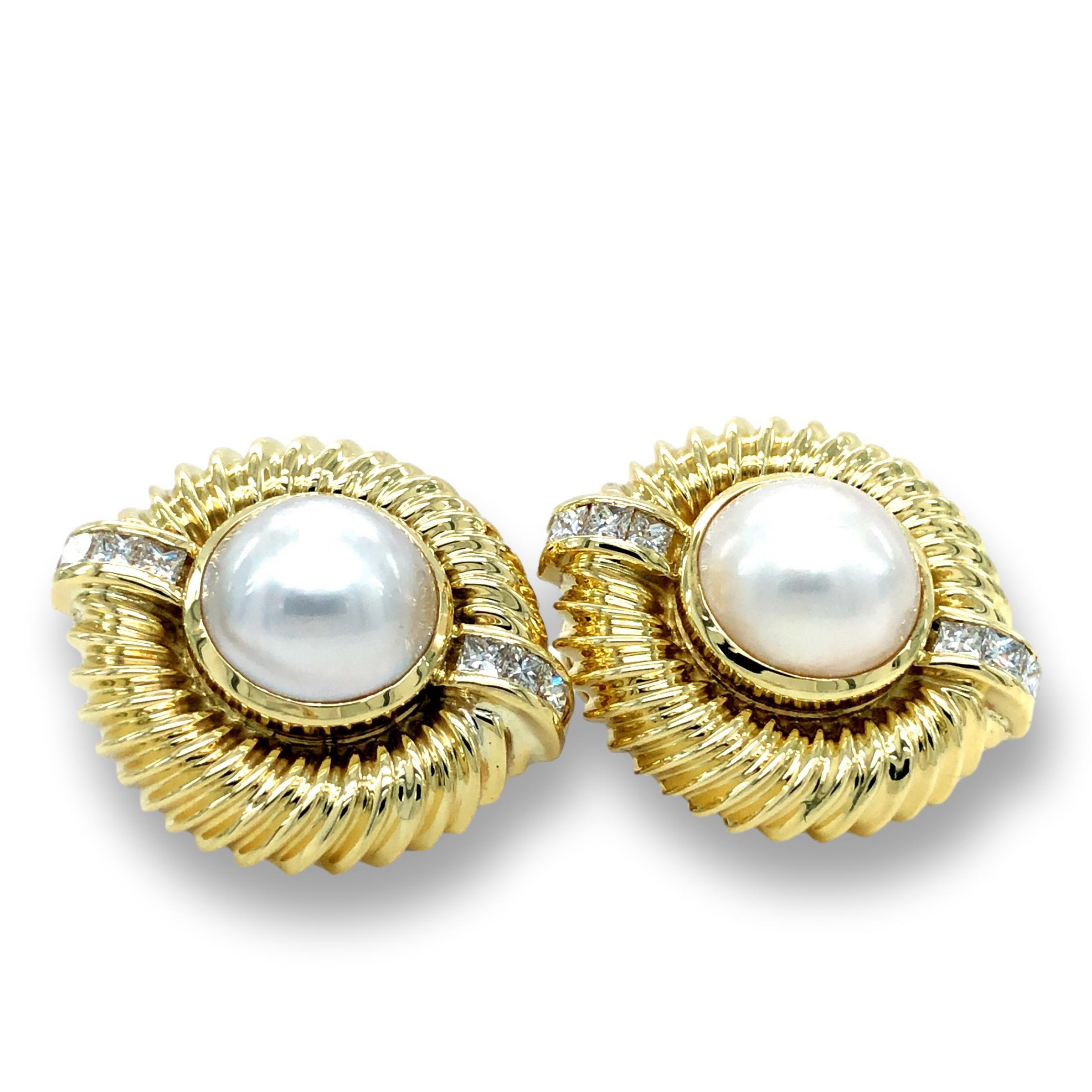 Princess Cut David Yurman Vintage 14 Karat Yellow Gold Mabe Pearl Diamonds Clip Earrings