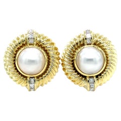 David Yurman Vintage 14 Karat Yellow Gold Mabe Pearl Diamonds Clip Earrings