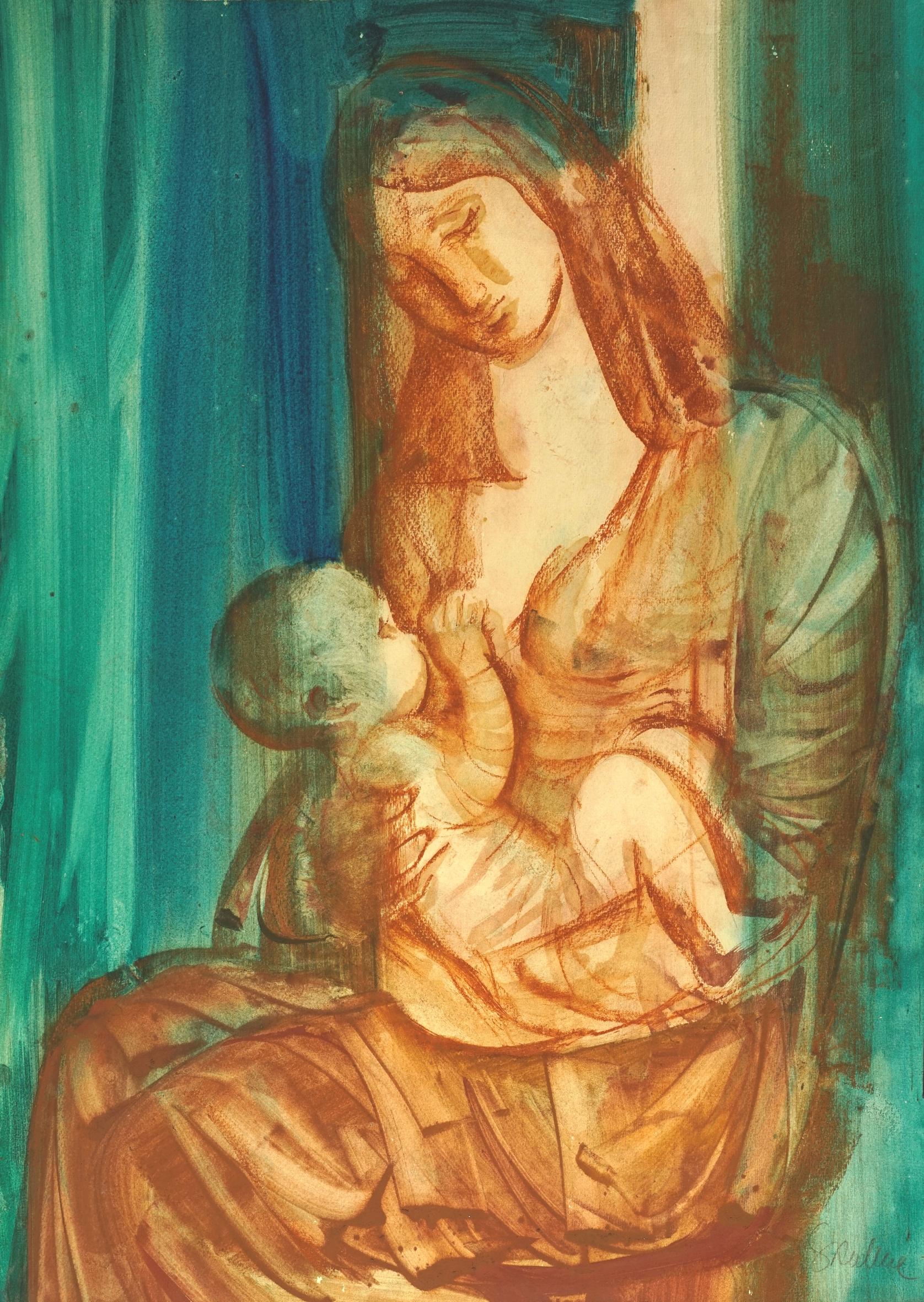 Dzemma Lia Skulme Figurative Painting – Madonna mit Baby. Papier, Aquarell, 85,5 x 62,5 cm