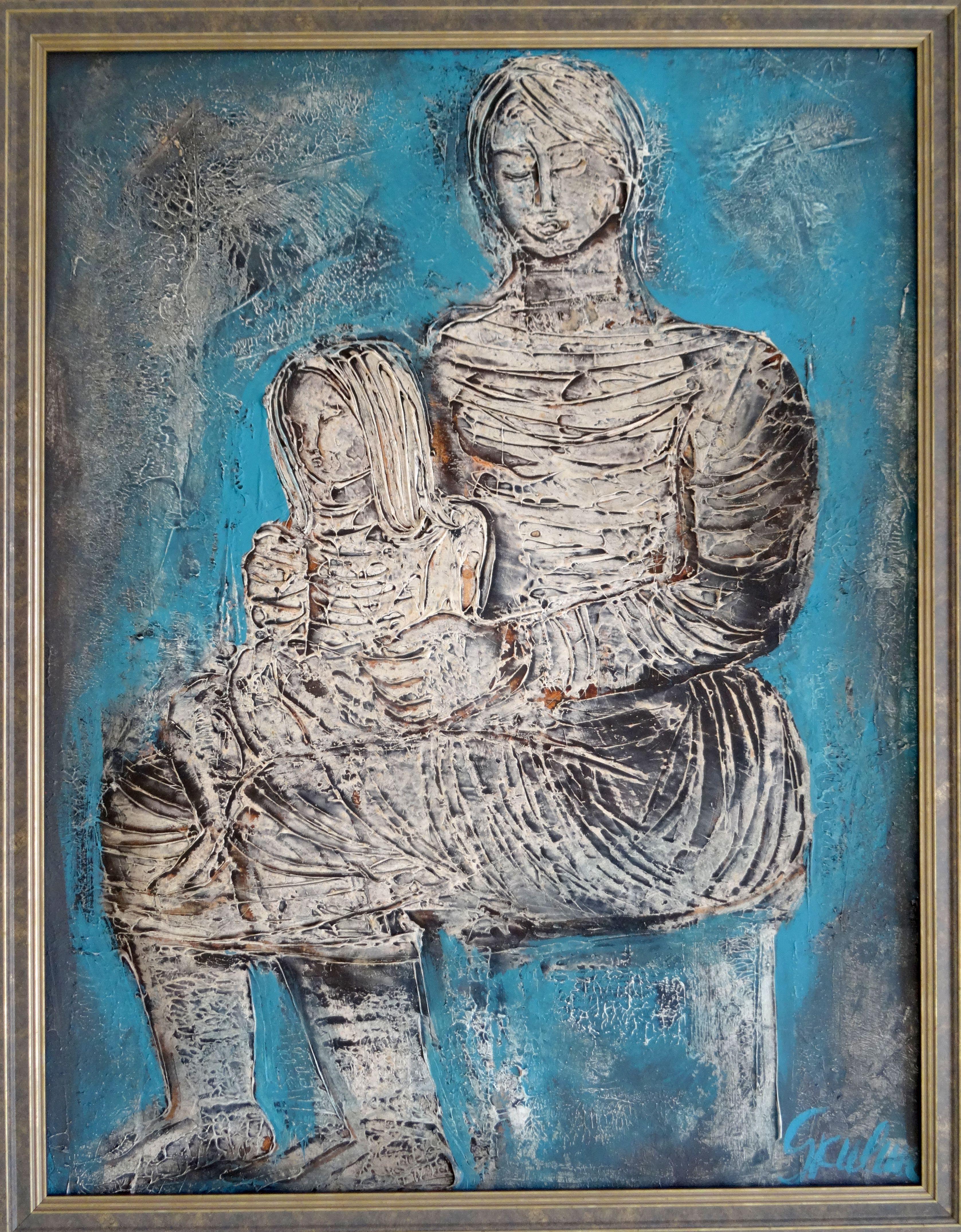 Mother with child. 1975. Cardboard, oil, 70x53 cm - Painting by Dzemma Skulme