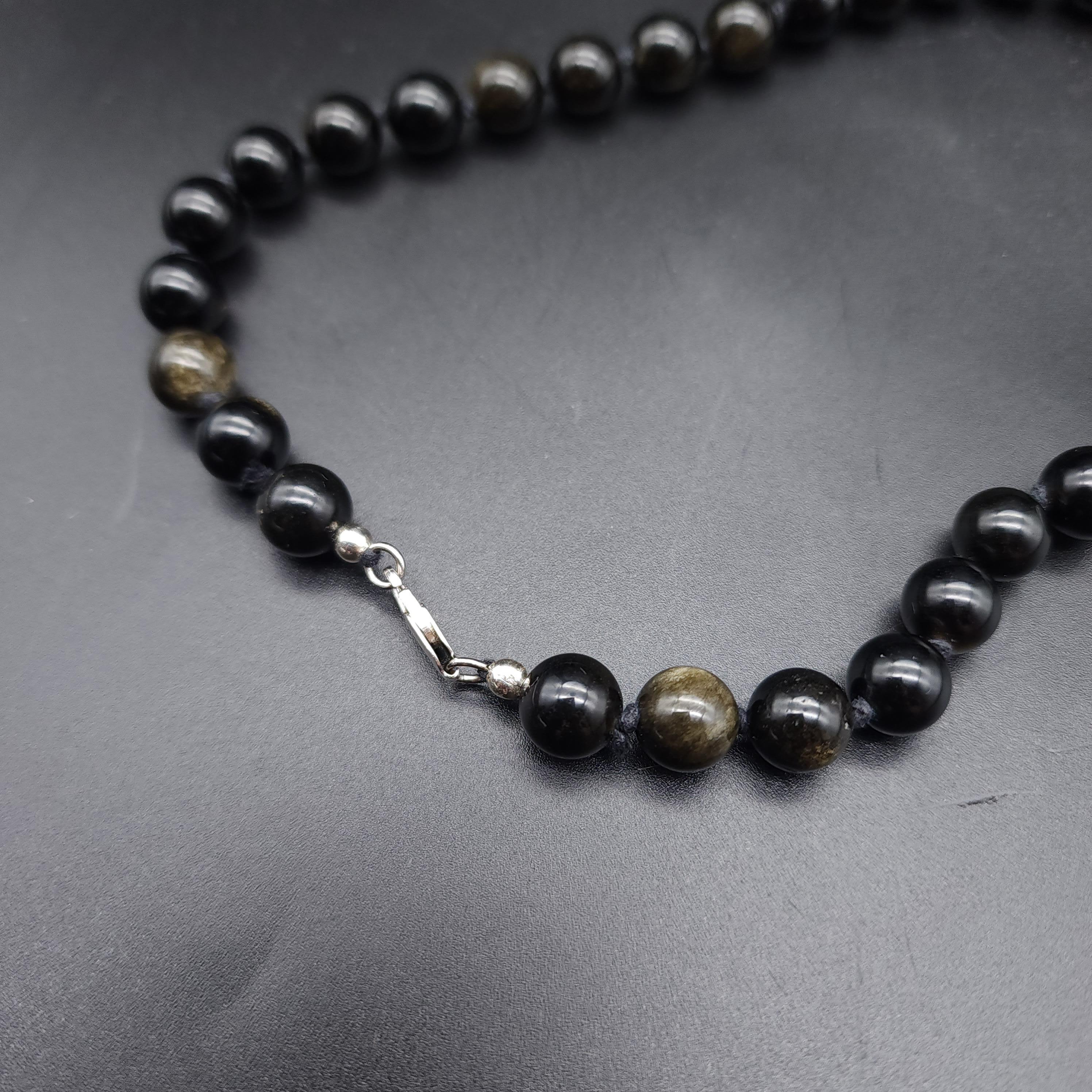 Women's or Men's Dzi Pendant Centerpiece, Obsidian Beads Knotted Necklace  Sterling Silver Clasp For Sale