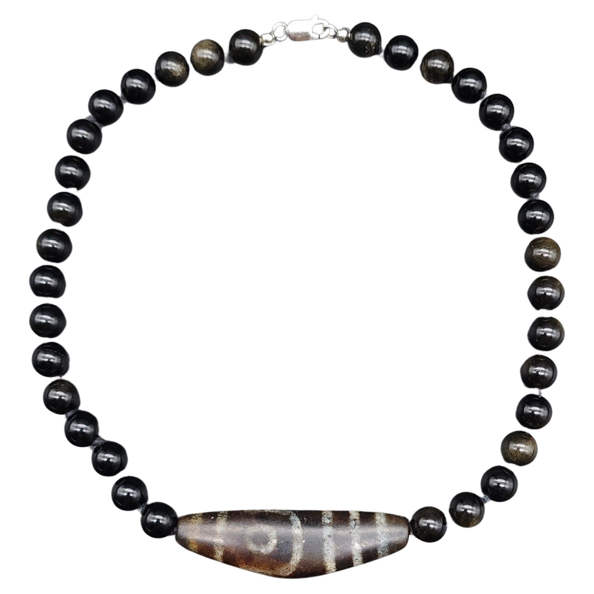 Dzi Pendant Centerpiece, Obsidian Beads Knotted Necklace  Sterling Silver Clasp