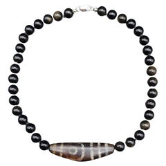 Dzi Pendant Centerpiece, Obsidian Beads Knotted Necklace  Sterling Silver Clasp