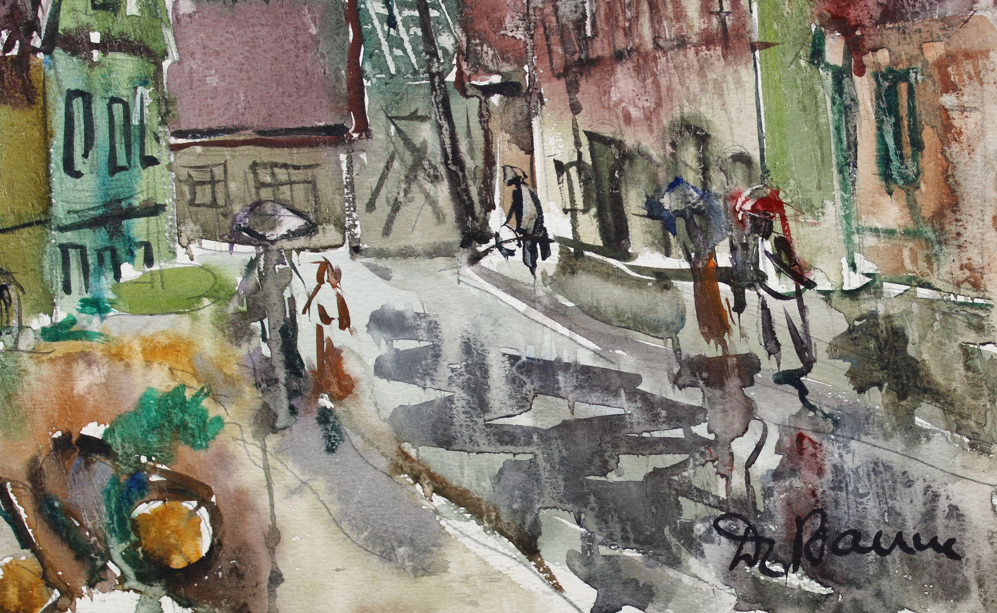 Dans une petite ville, 1969, papier, aquarelle, 36x48 cm - Painting de Dzidra Bauma