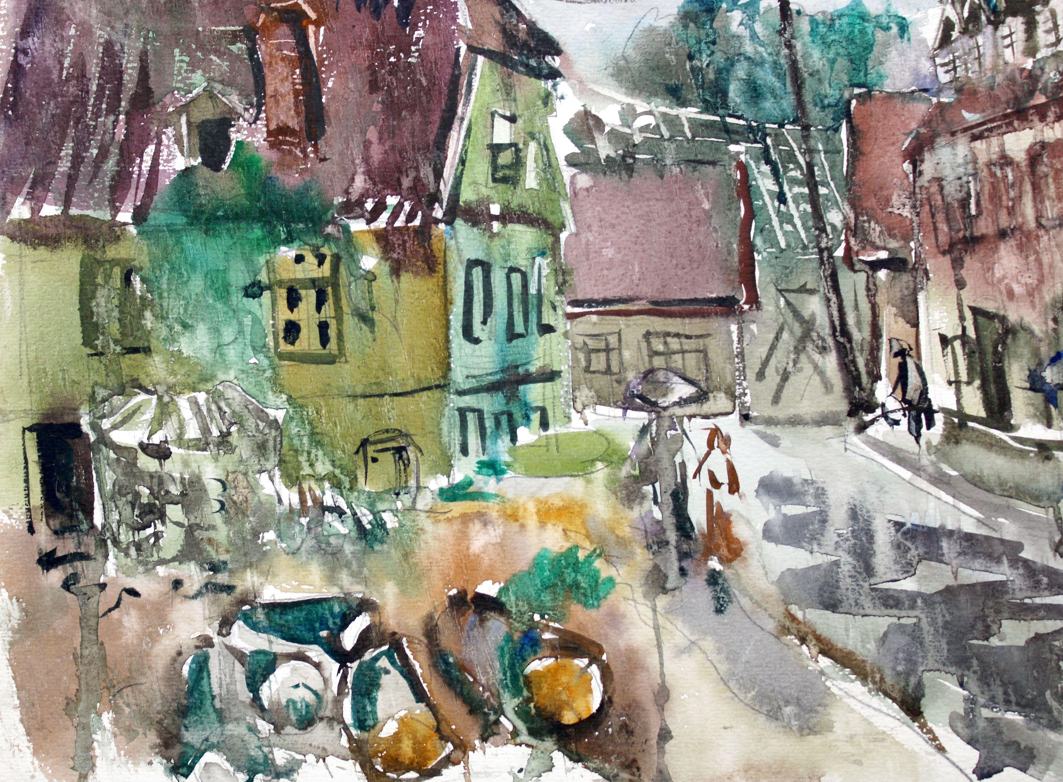 In a small town. 1969, paper, watercolor, 36x48 cm - Expressionist Painting by Dzidra Bauma