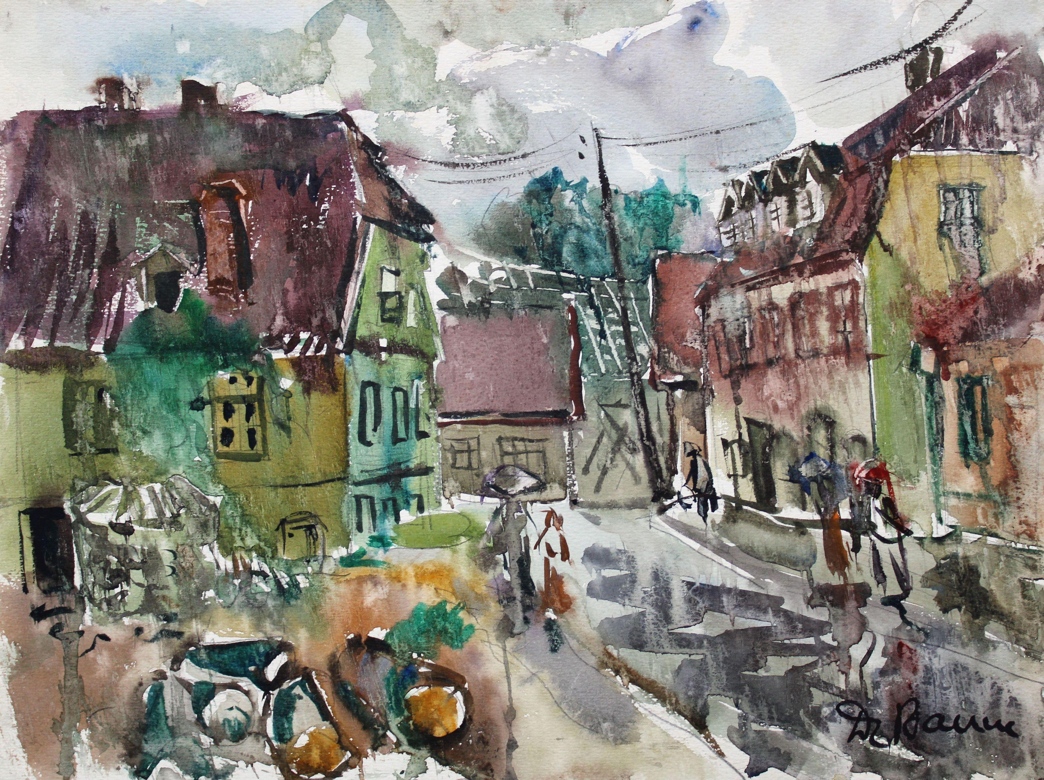 Dzidra Bauma Figurative Painting - In a small town. 1969, paper, watercolor, 36x48 cm