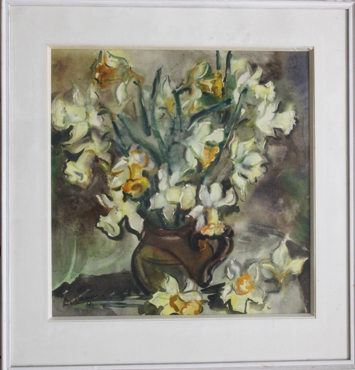 Narciso, carta, acquerello, 48x47 cm - Painting di Dzidra Bauma