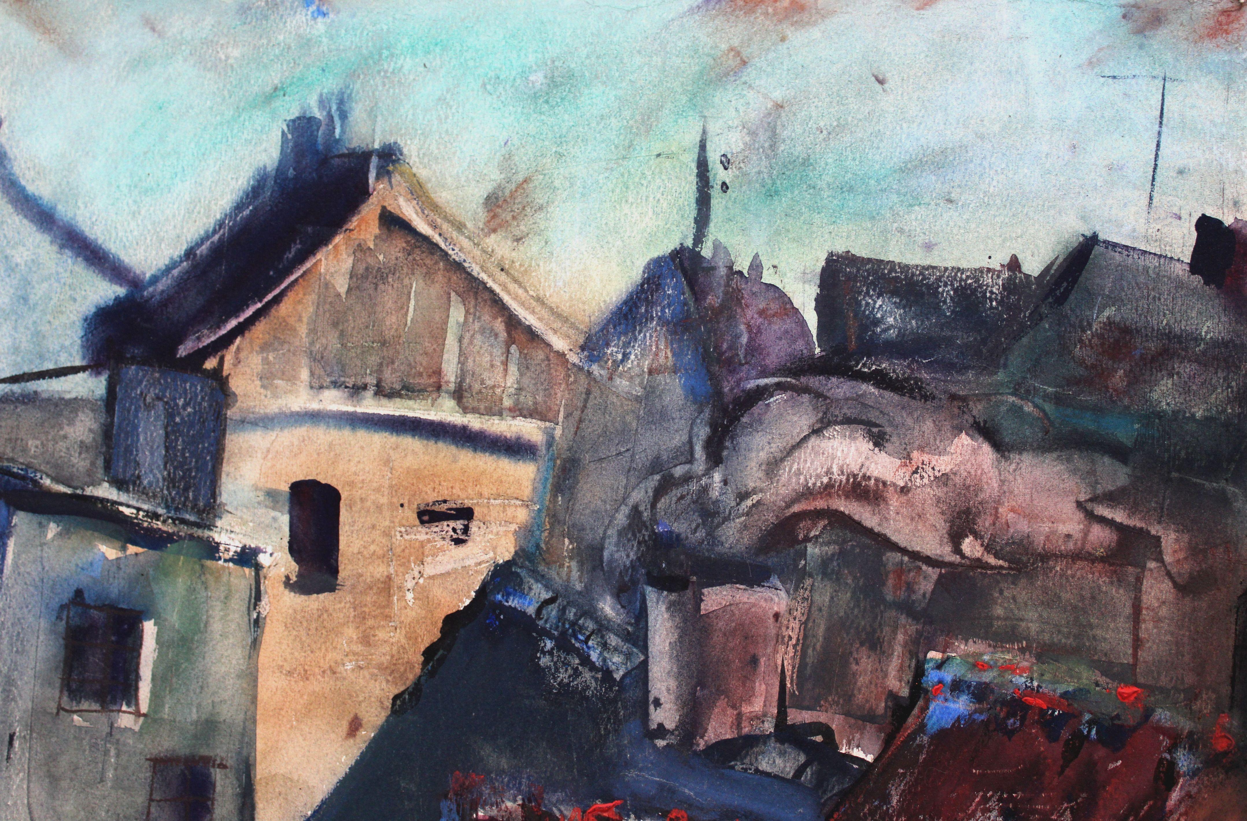 The roofs of Tukums - Black Landscape Painting by Dzidra Bauma