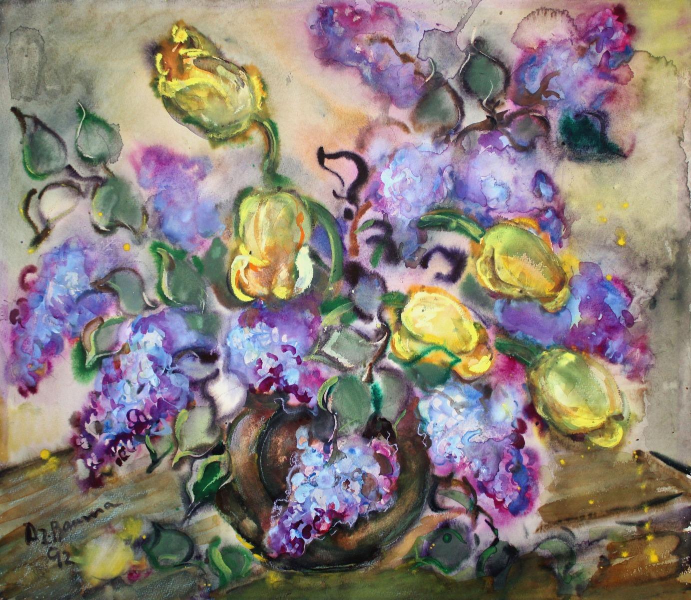 Tulipanes y lilas  1992, papel, acuarela, 64x73 cm - Art de Dzidra Bauma