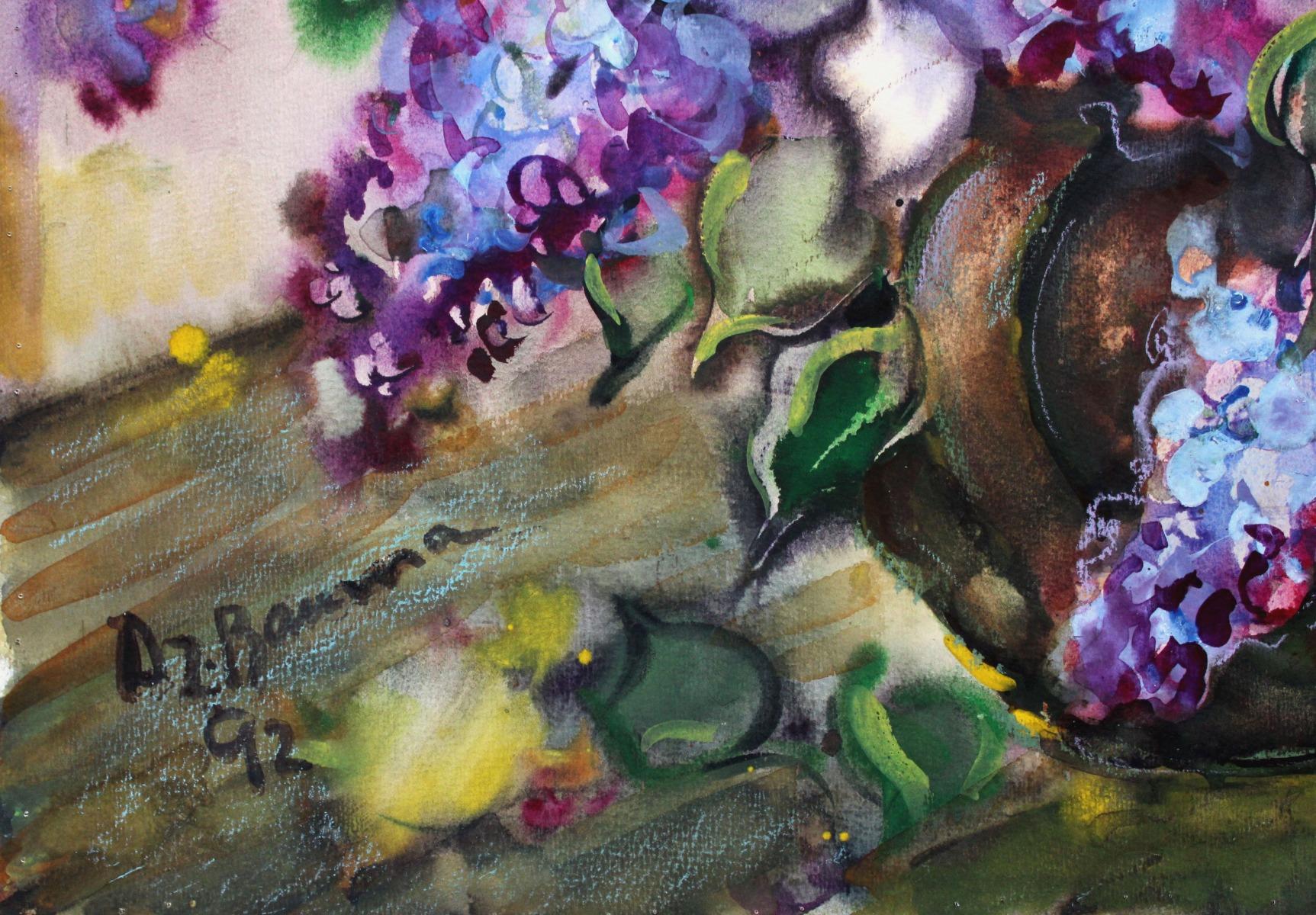 Tulipanes y lilas  1992, papel, acuarela, 64x73 cm - Art Realista de Dzidra Bauma