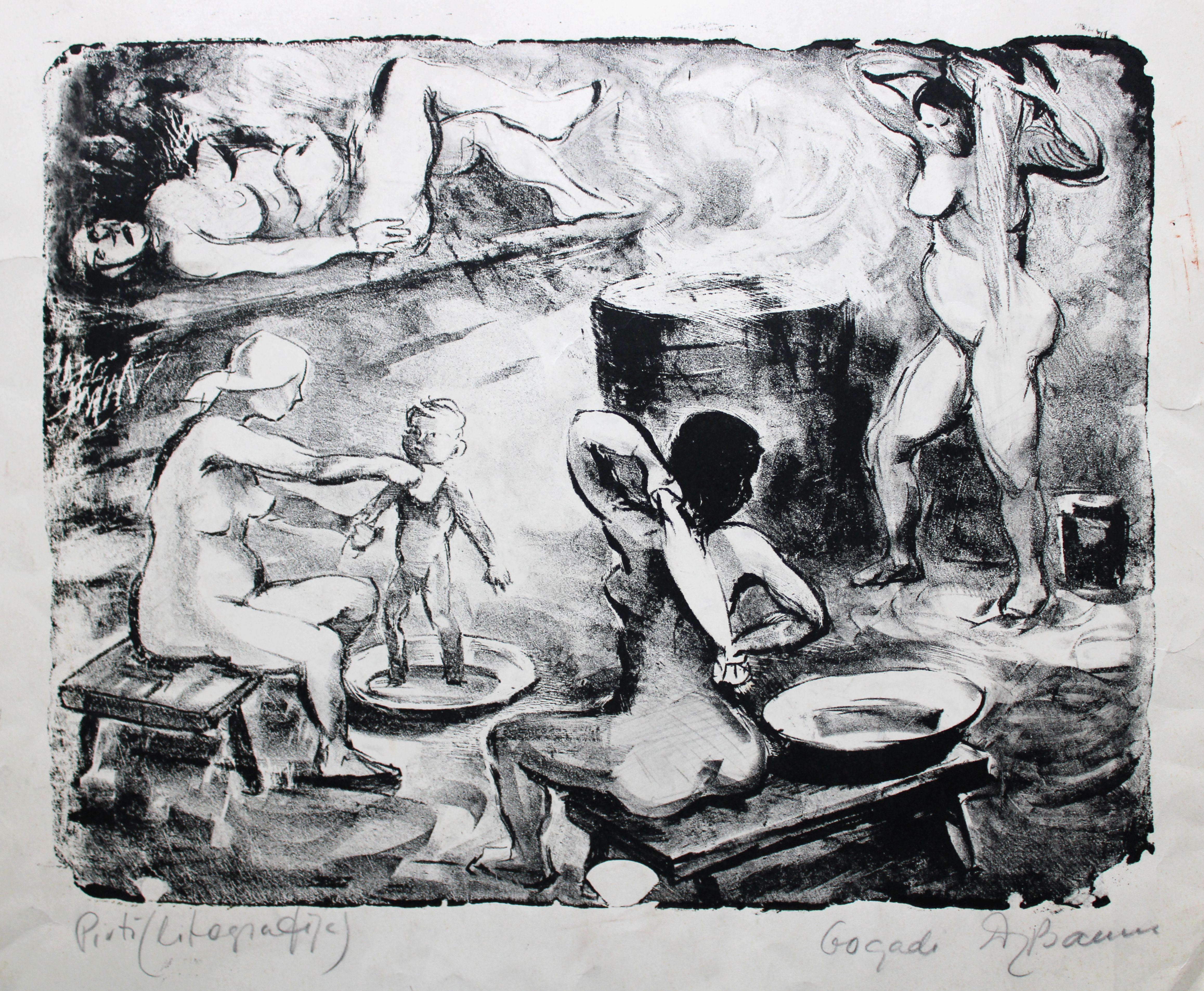 Dzidra Bauma Figurative Print – An der Sauna. 1960er Jahre, Papier, Lithografie, 38x49 cm