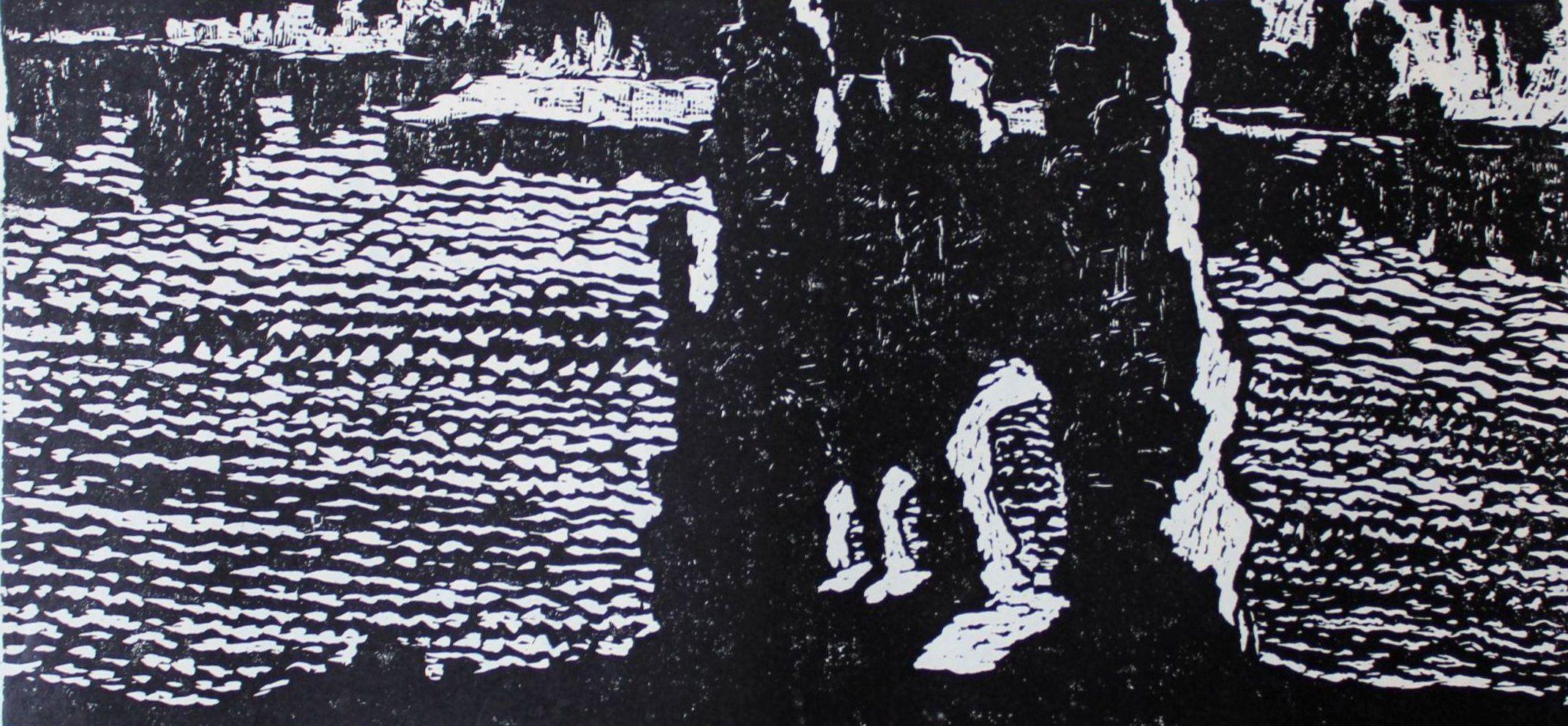 Dzidra Ezergaile Landscape Print - Aizkraukle Castle Ruins  paper/linocut, 22x52 cm