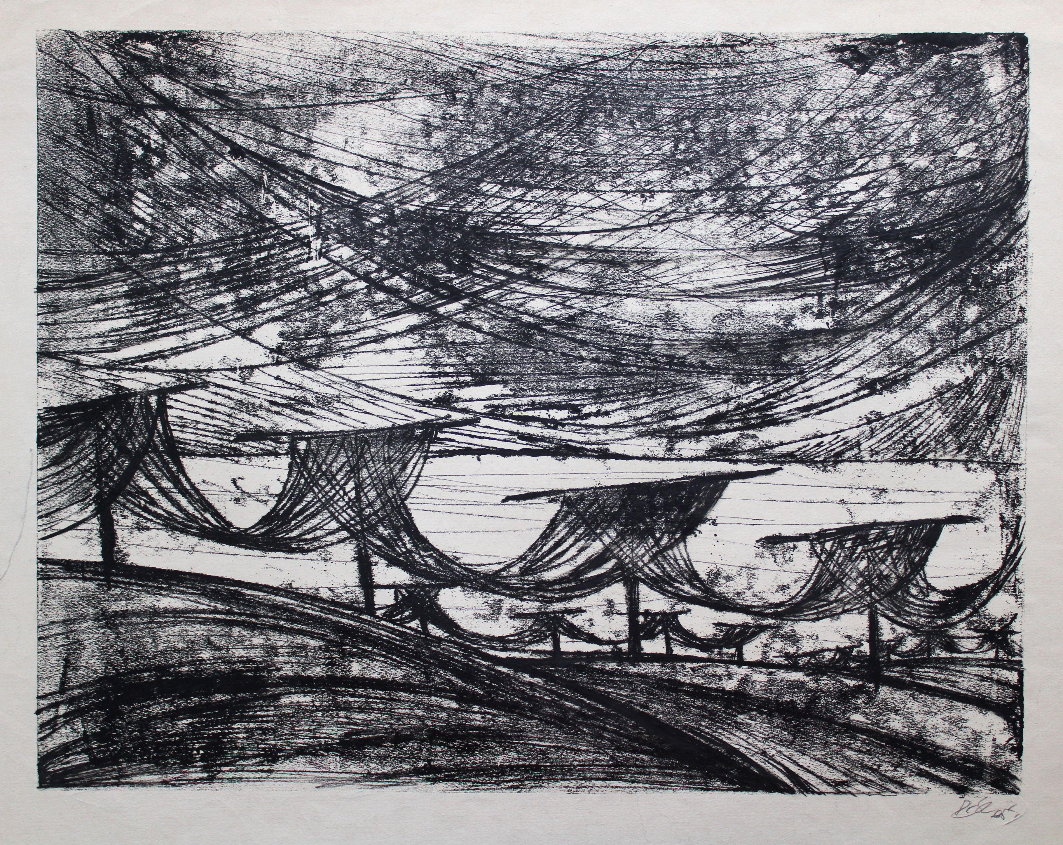 Dzidra Ezergaile Landscape Print - Fishing nets. 1965, paper, etching 53x66 cm