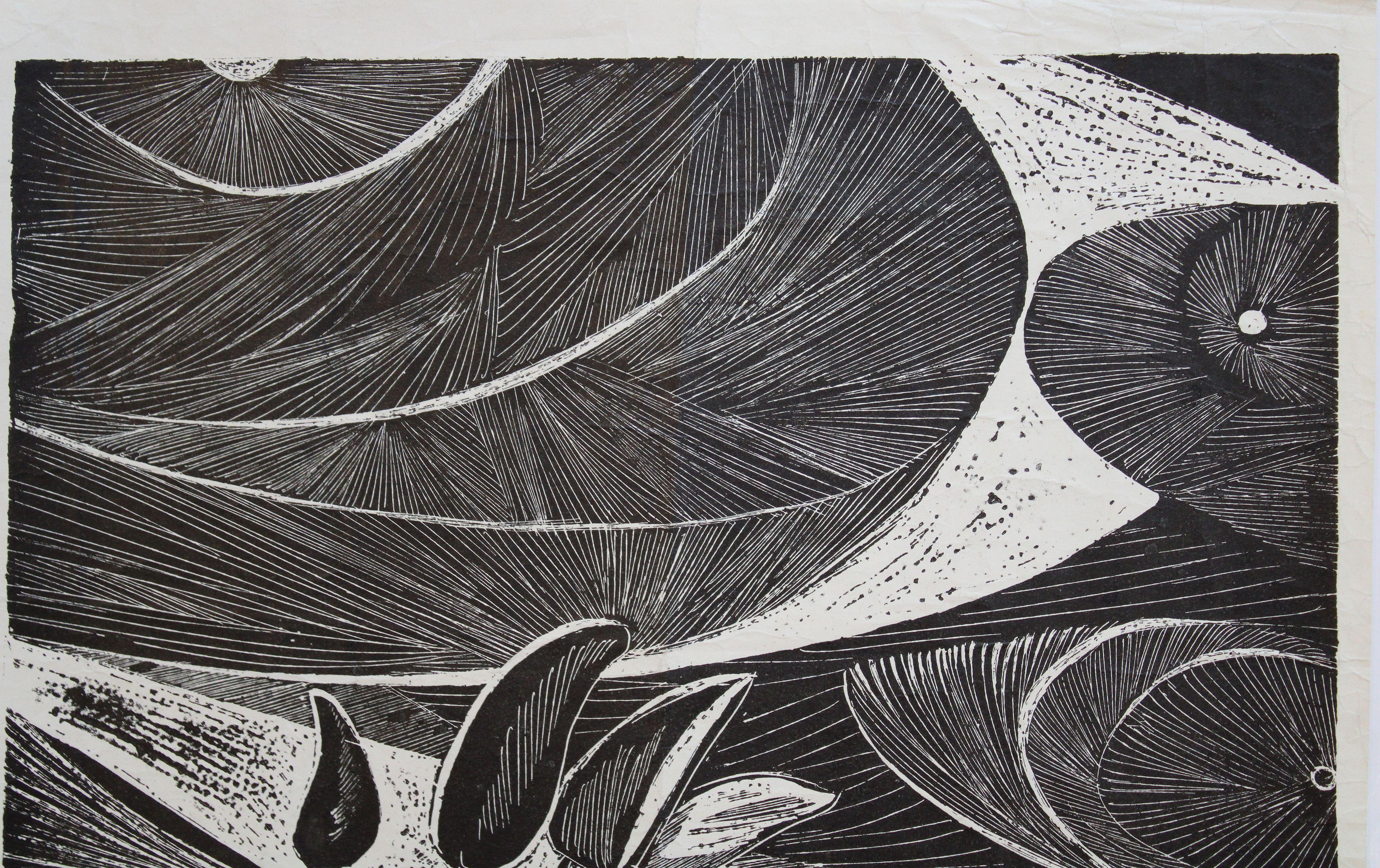 Cuatro árboles. Papel, talla de madera , 29x29 cm - Abstract Print Negro de Dzidra Ezergaile
