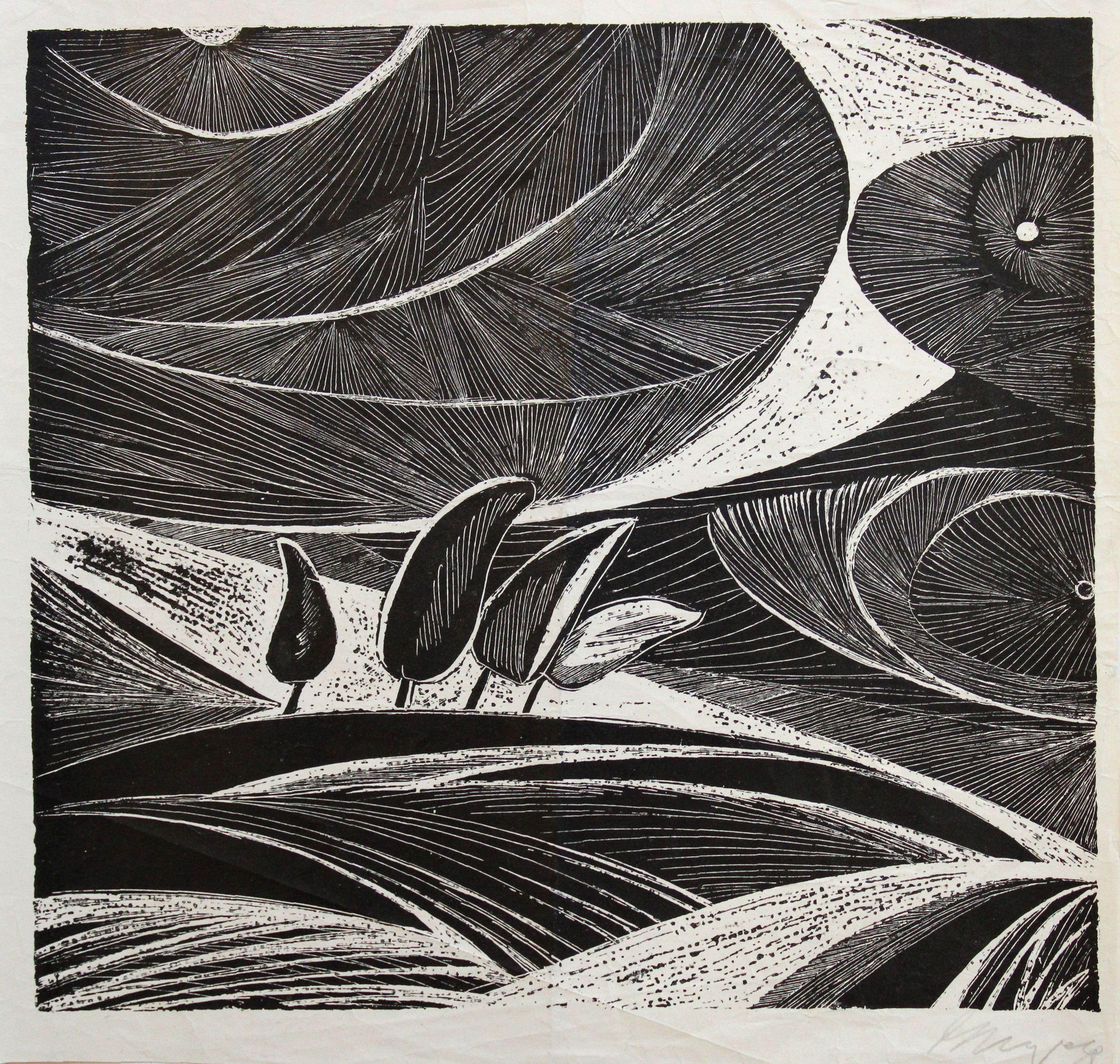 Dzidra Ezergaile Abstract Print - Four trees. Paper, wood carving , 29x29 cm