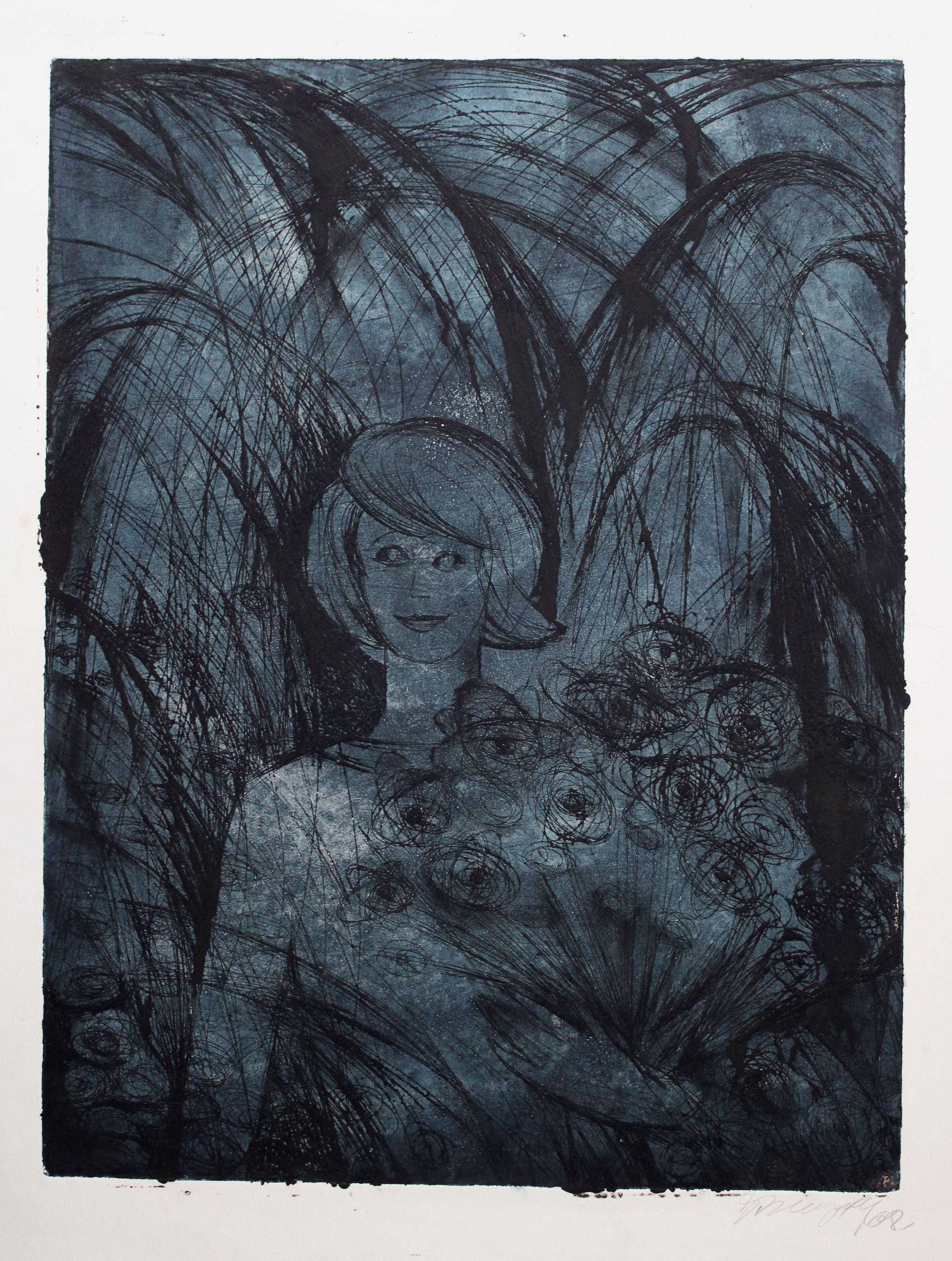 Girl with flowers. 1968, paper, etching, 68x51 cm - Print by Dzidra Ezergaile