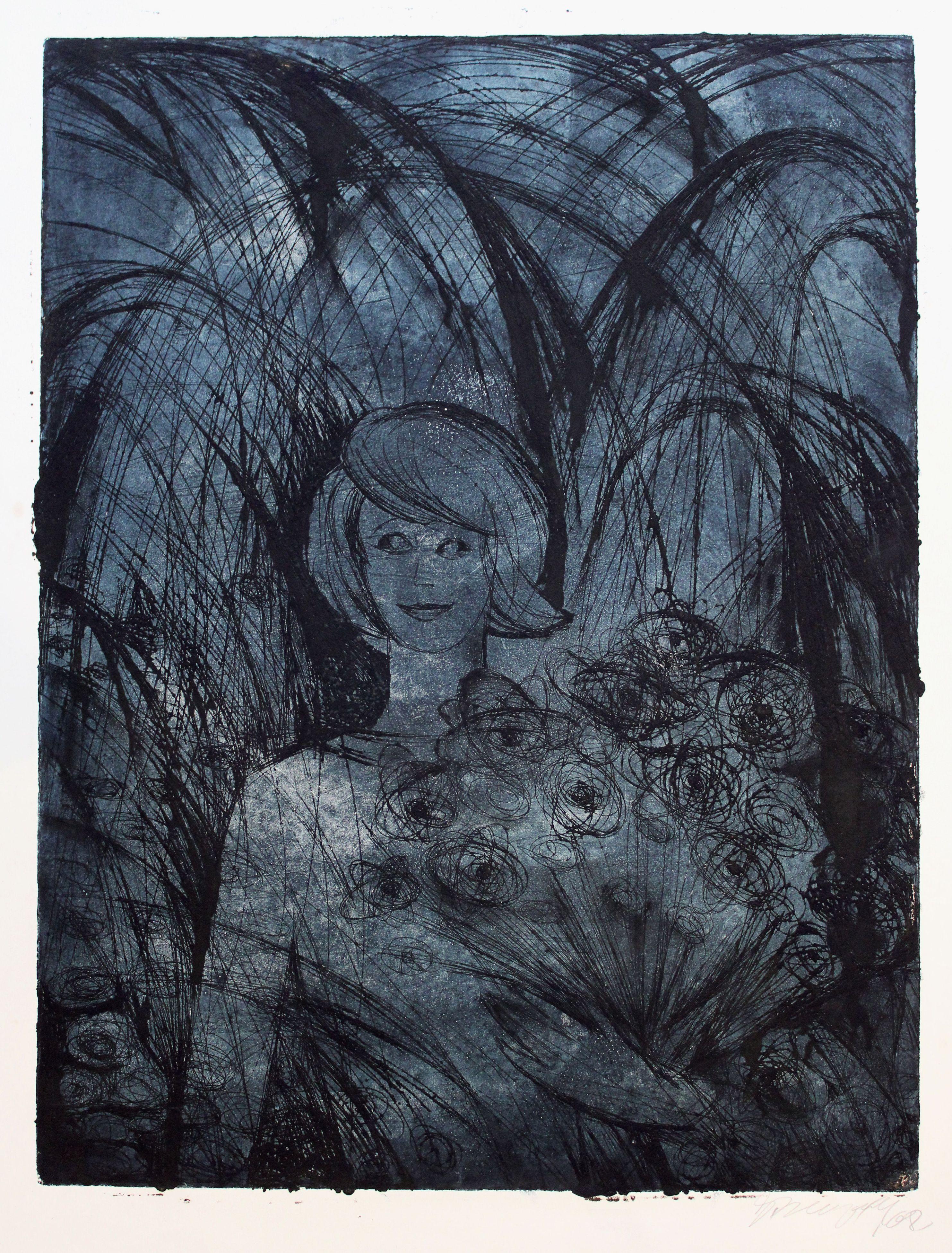 Girl with flowers, 1968, papier, gravure, 68 x51 cm
