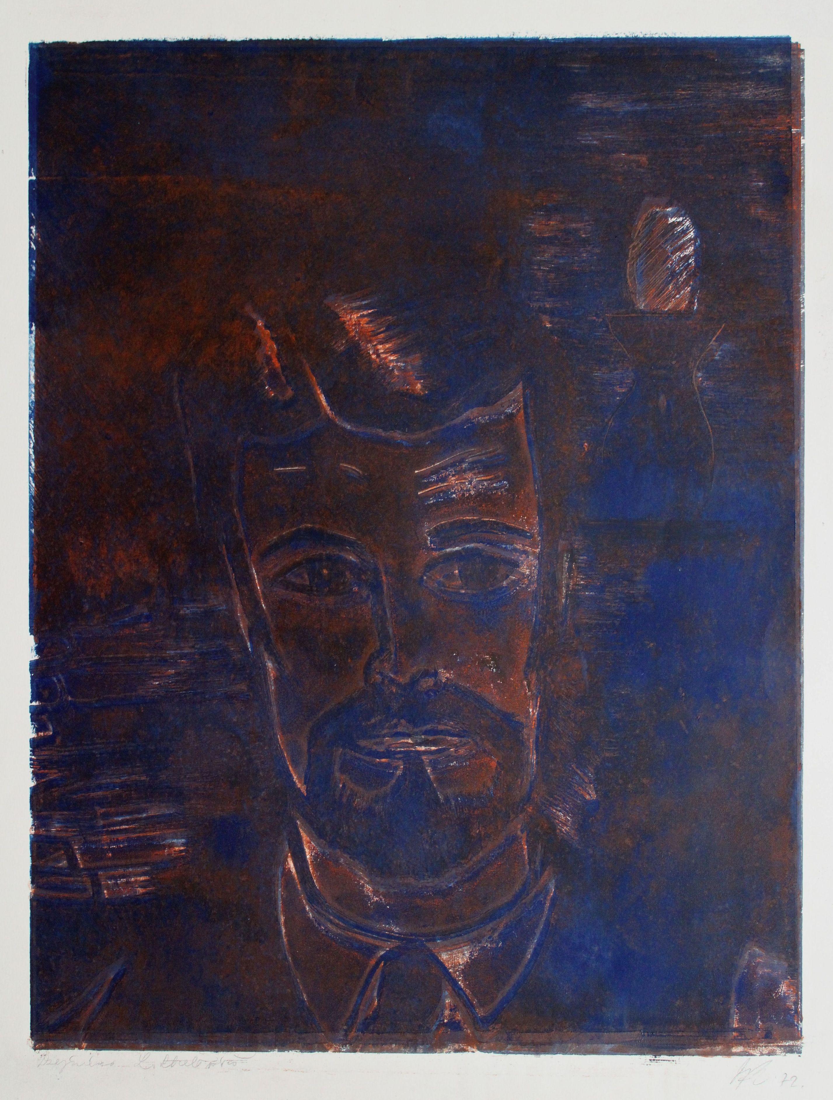 Dzidra Ezergaile Figurative Print - Poet L. Strelevits portrait. 1972, paper, screen print, 69x51 cm