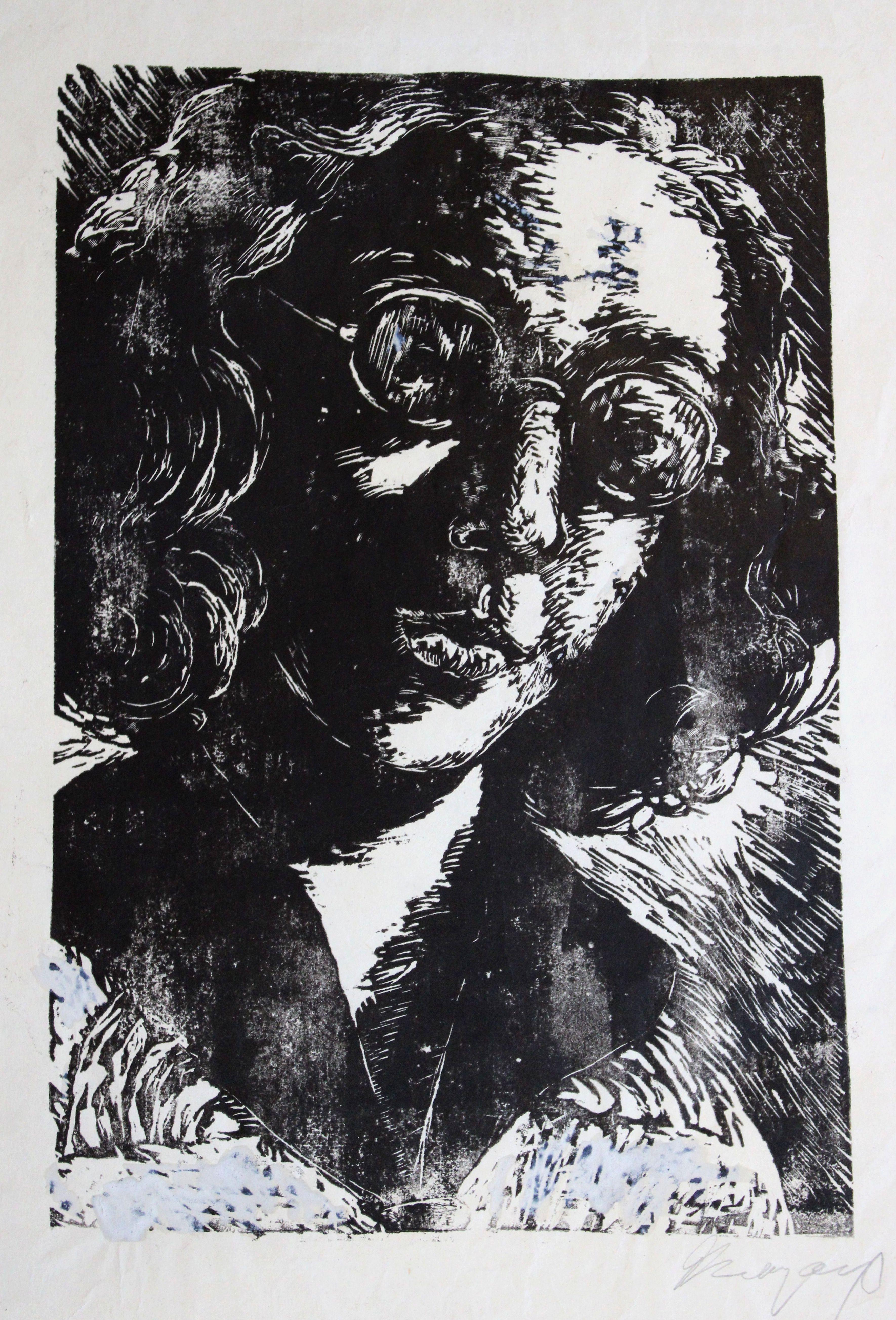 Dzidra Ezergaile Figurative Print - Self-portrait. Paper, linocut, 31x21.5 cm