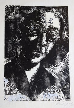 Vintage Self-portrait. Paper, linocut, 31x21.5 cm