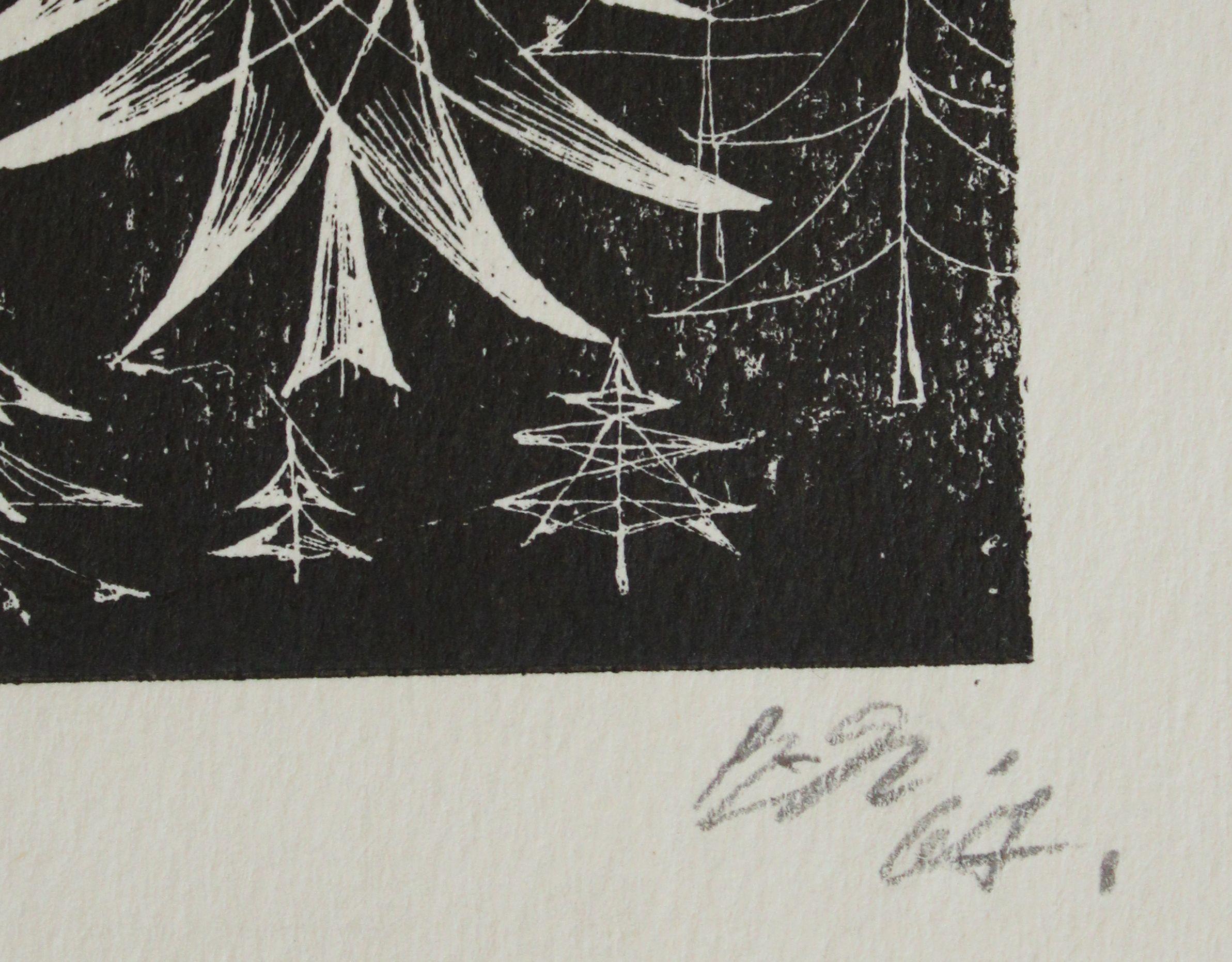 Spruce. 1967, paper, etching, 18x9 cm - Print by Dzidra Ezergaile