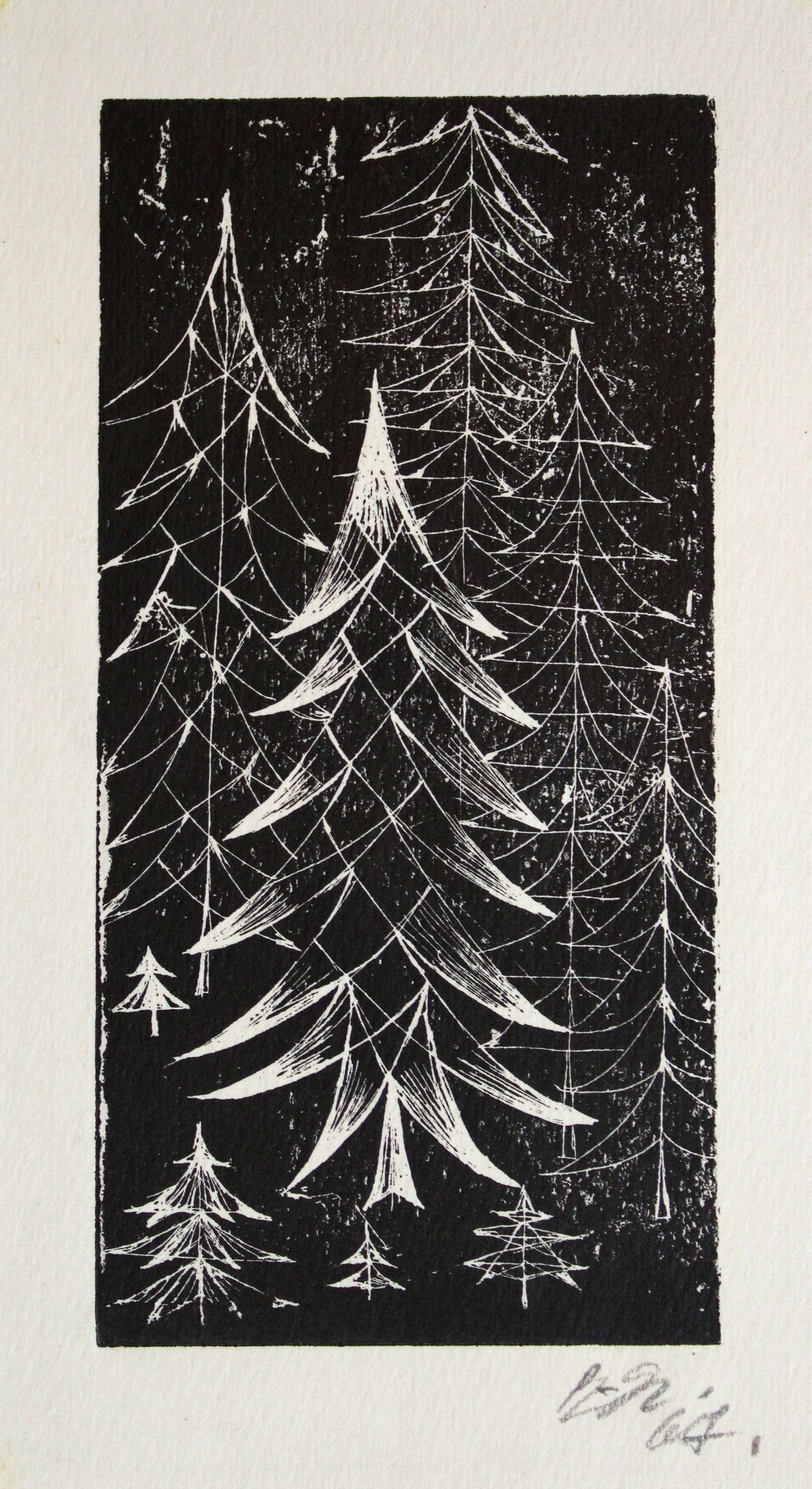 Dzidra Ezergaile Landscape Print - Spruce. 1967, paper, etching, 18x9 cm