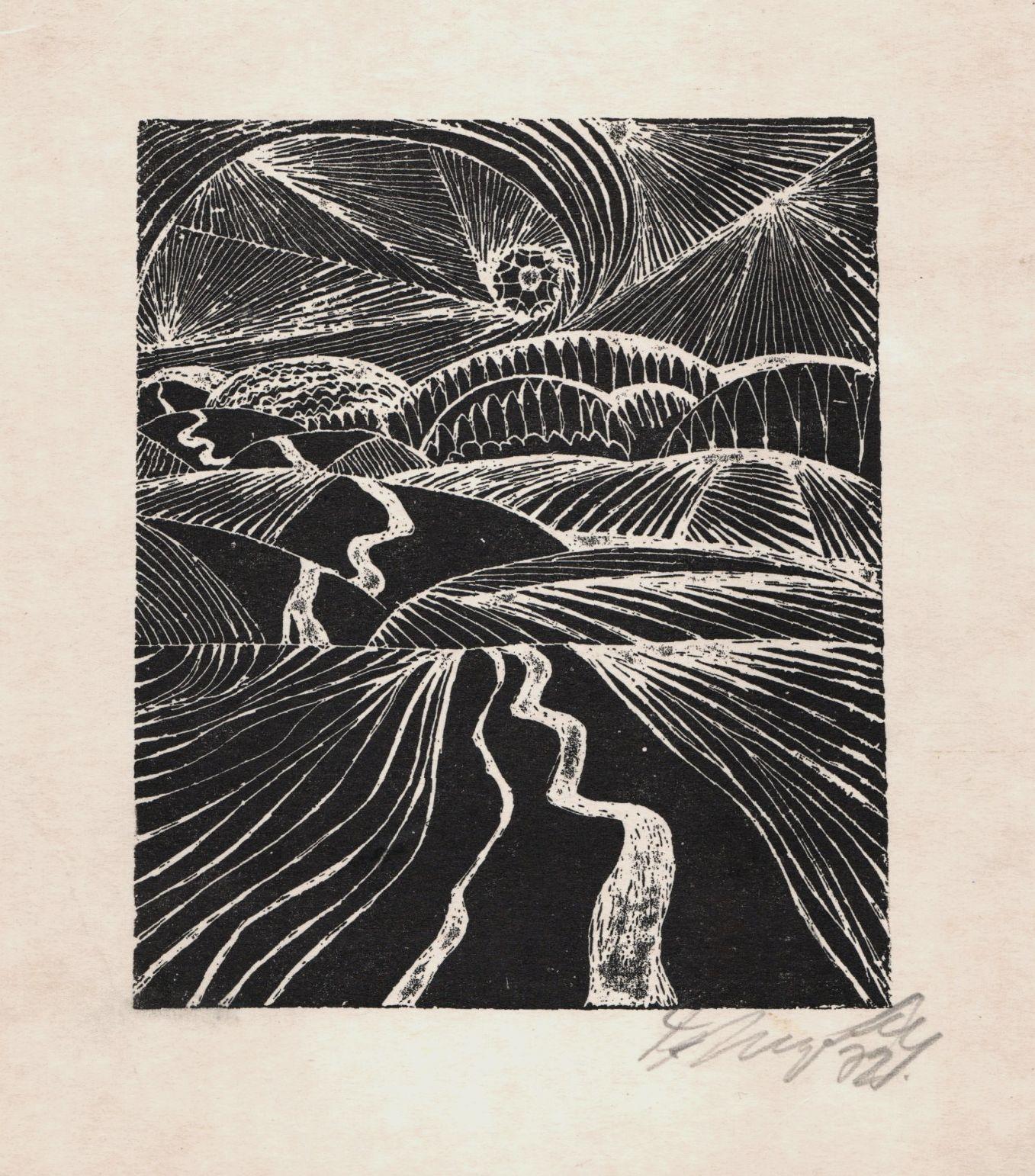 Arriba hacia el sol. 1972, papel, litografía, 15x12,5 cm - Print de Dzidra Ezergaile