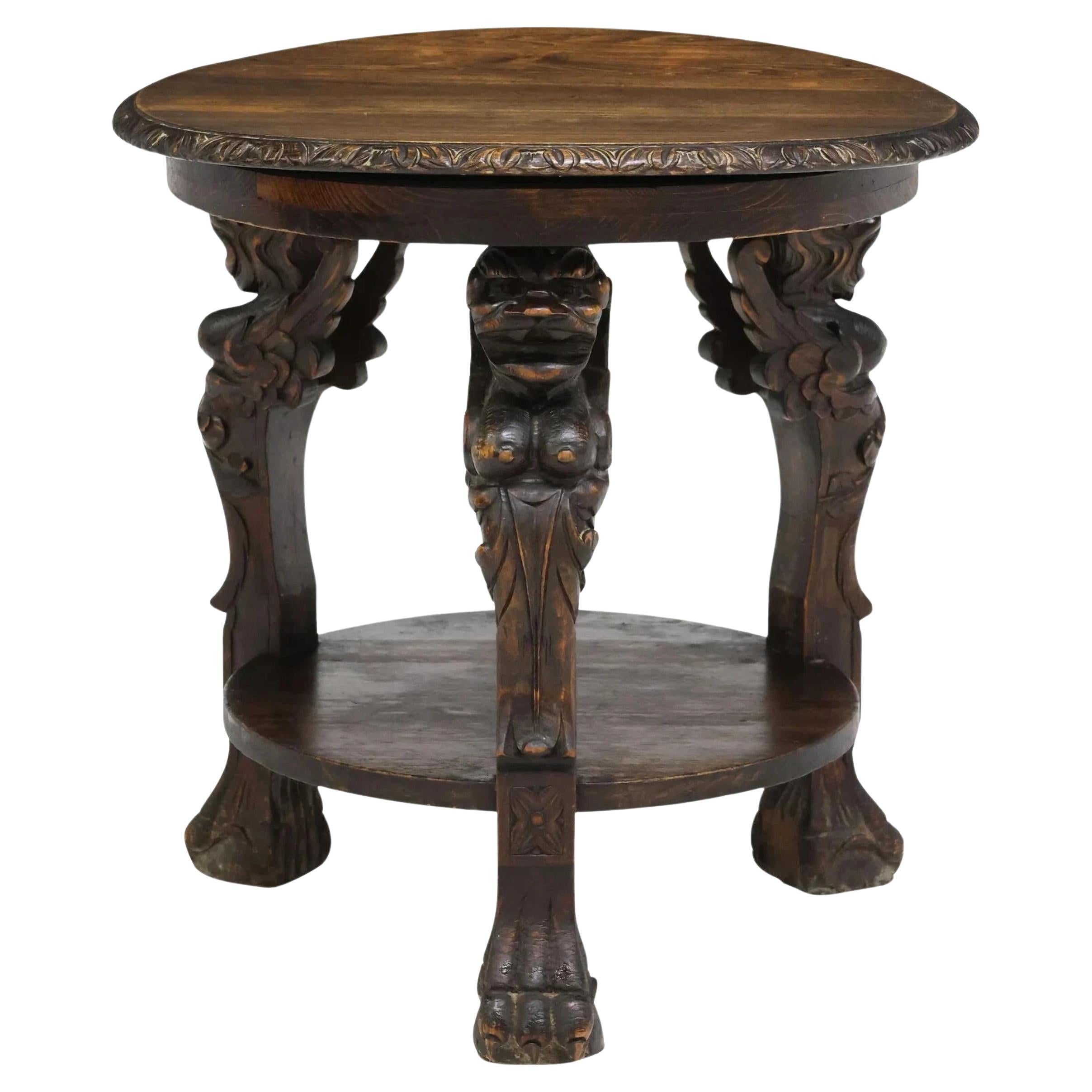 E. 1900s Antique Carved, Roundtop, Renaissance Revival. Occasional Table For Sale