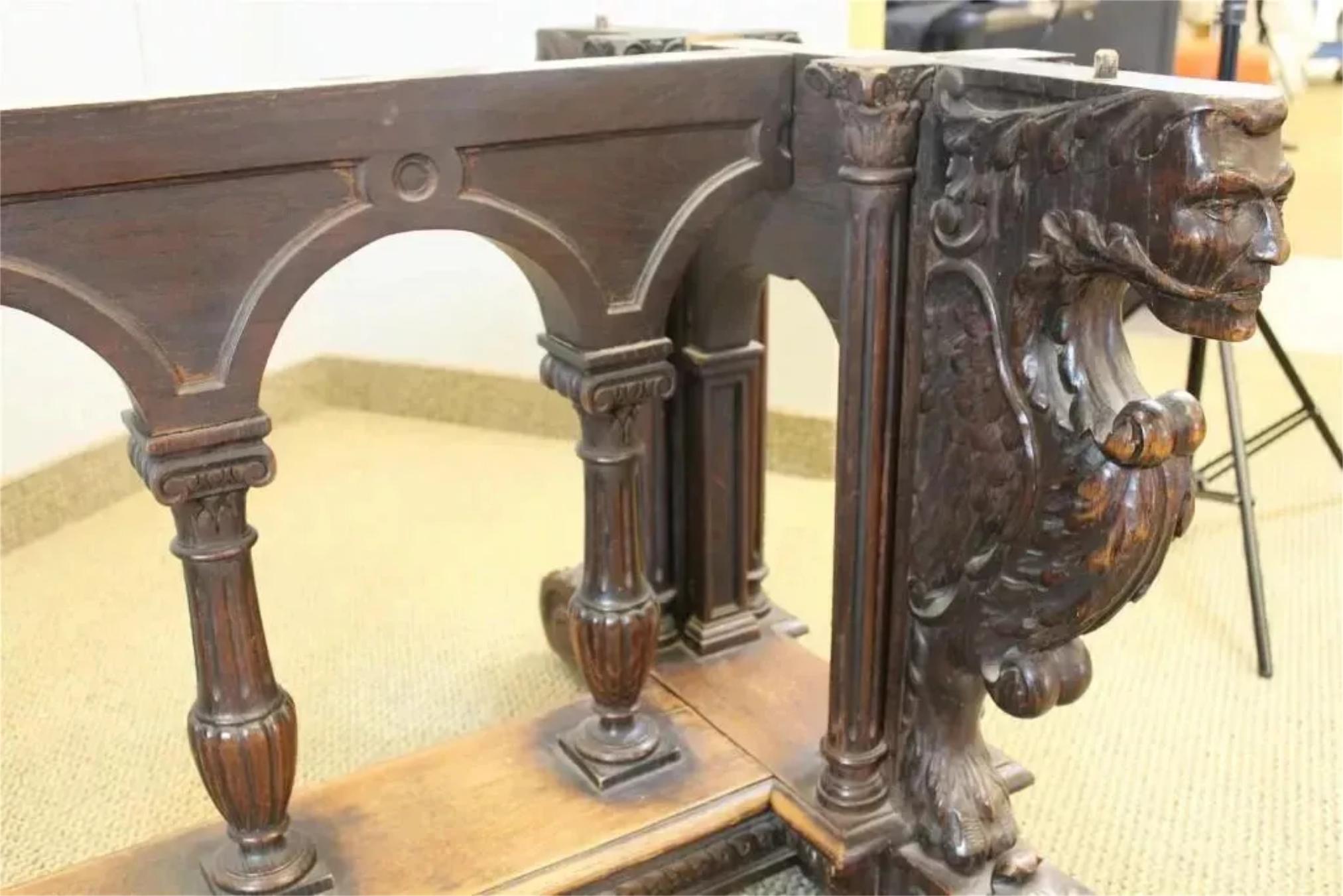 Renaissance E. 1900s Antique Dining Table, Ren Sty., Carved Oak Extension 120