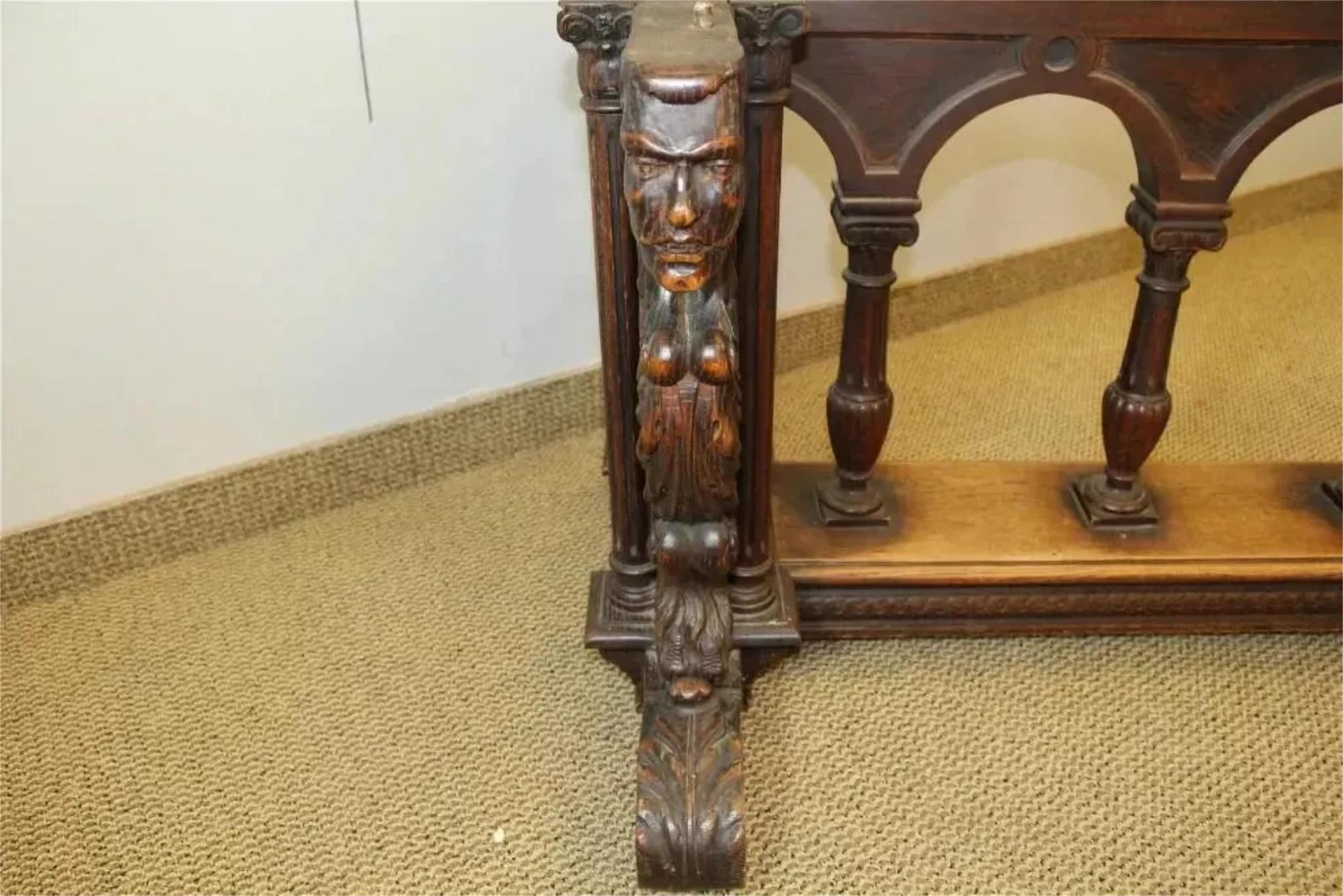 E. 1900s Antique Dining Table, Ren Sty., Carved Oak Extension 120