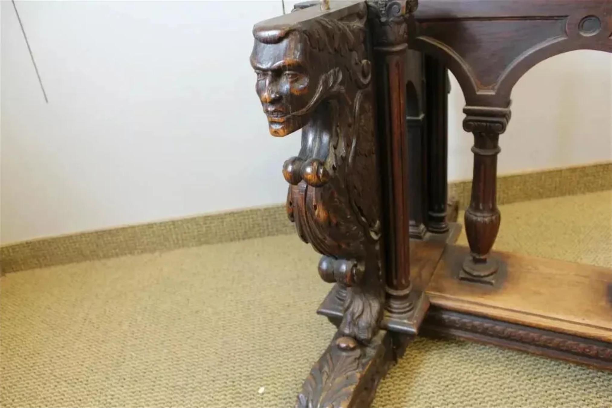 20th Century E. 1900s Antique Dining Table, Ren Sty., Carved Oak Extension 120