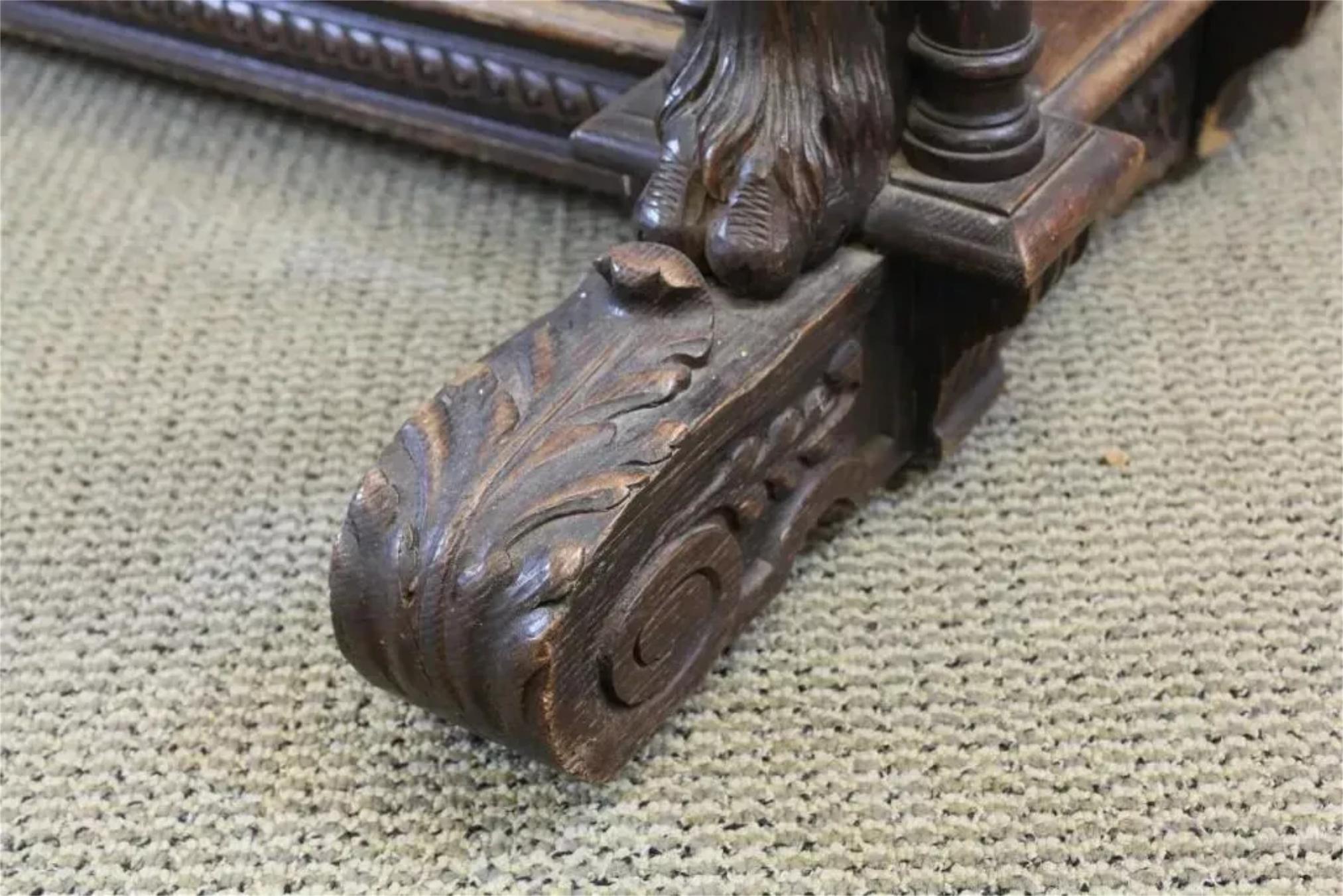 E. 1900s Antique Dining Table, Ren Sty., Carved Oak Extension 120
