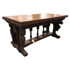 E. 1900s Antique Dining Table, Ren Sty., Carved Oak Extension 120" Dining Table!