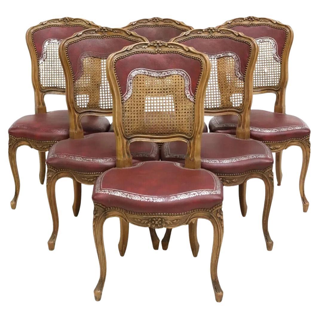 E, 1900s Antique French Louis XV Style, Caned, Walnut, Side Chairs,  Set of 6