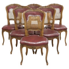E, 1900s Antique French Louis XV Style, Caned, Walnut, Side Chairs,  Set of 6