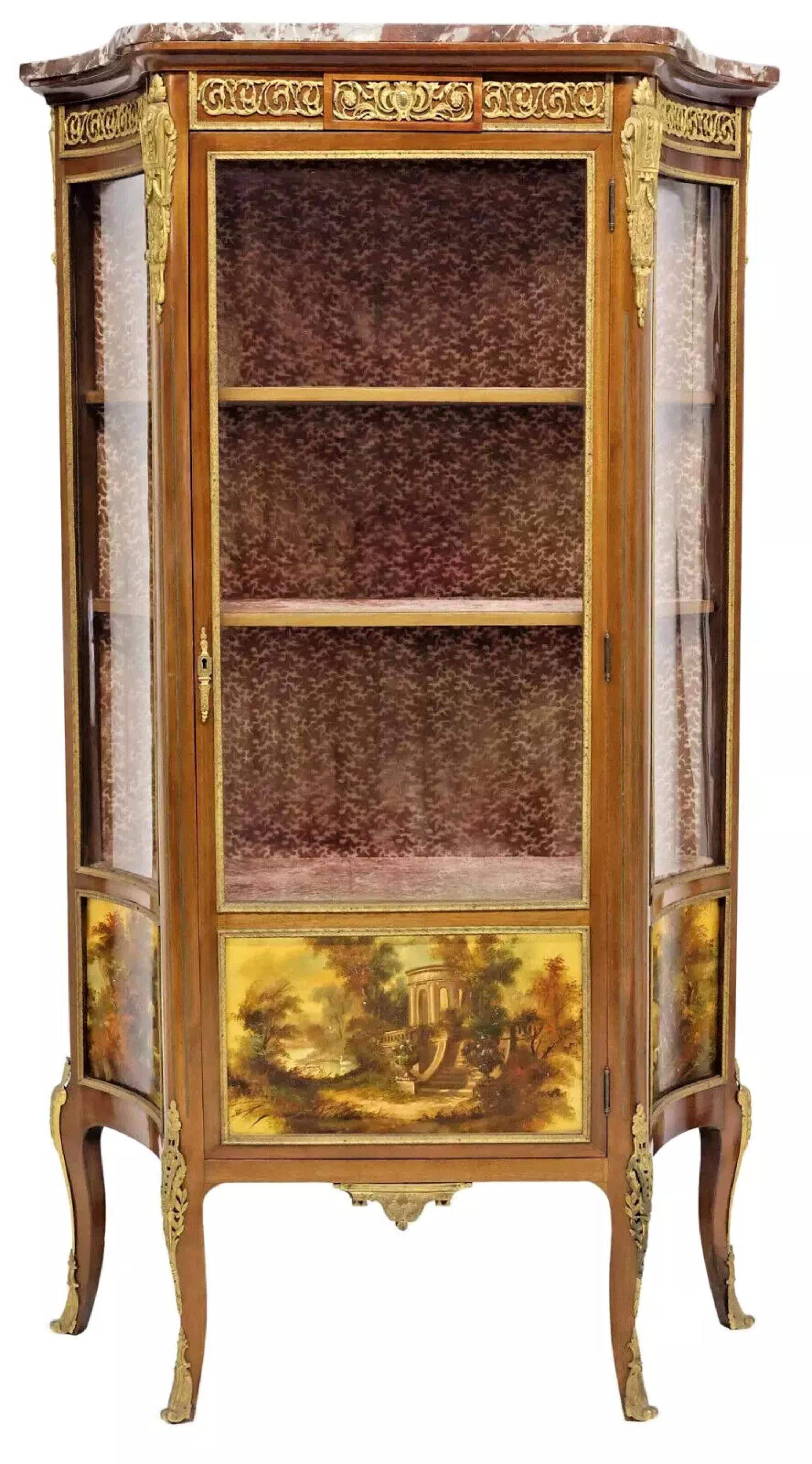 Gorgeous E. 1900's Antique French Louis XV Style, 'Vernis Martin' Cabinet, Vitrine!!  

Antique Vitrine, Display Cabinet, French Louis XV Style, 'Vernis Martin', Mahogany, Marble Top, Early 1900s, 20th Century!! 

This Antique French Louis XV Style