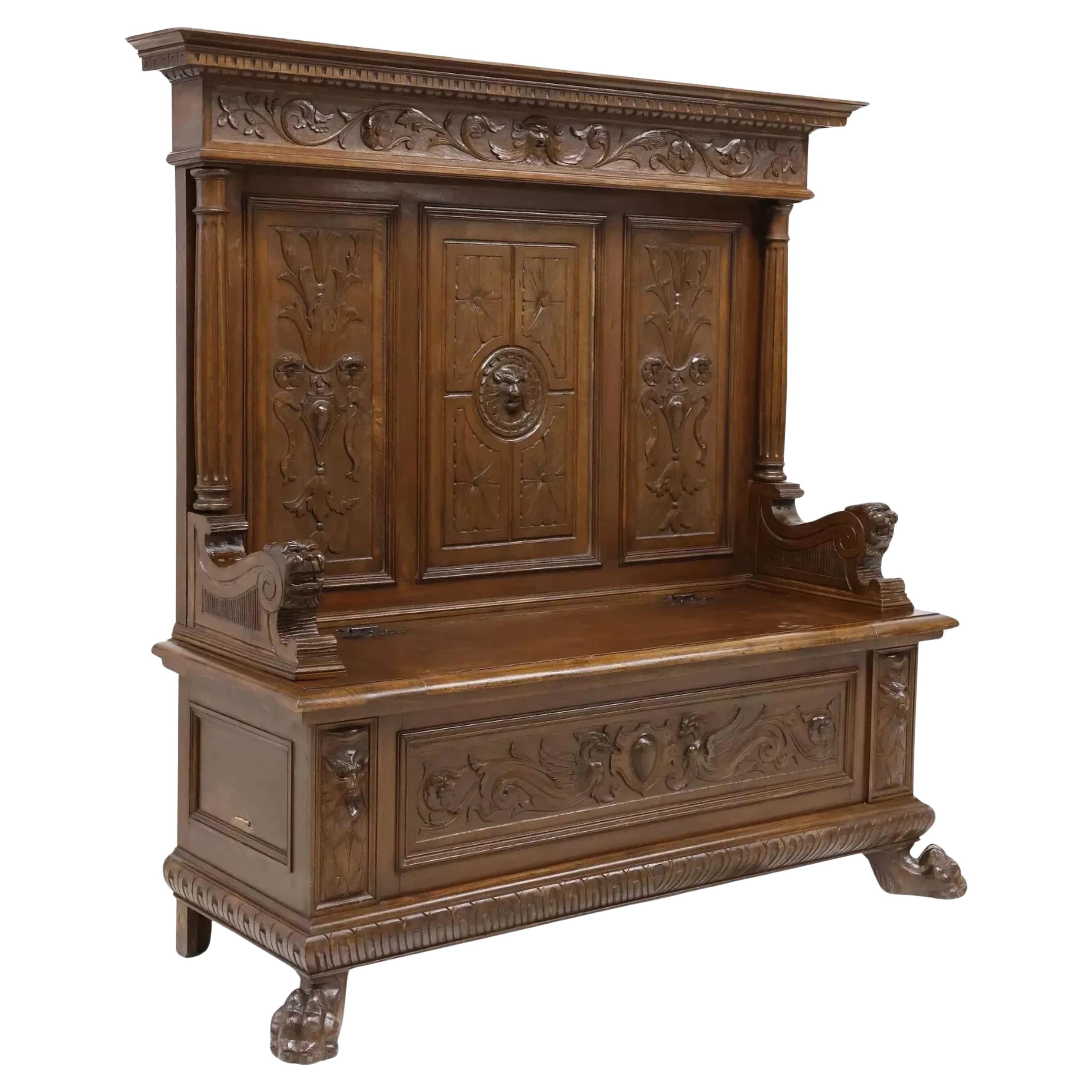 Ancien Ren italien des années 1900 Revive, noyer sculpté, banc d'entrée à corniche !