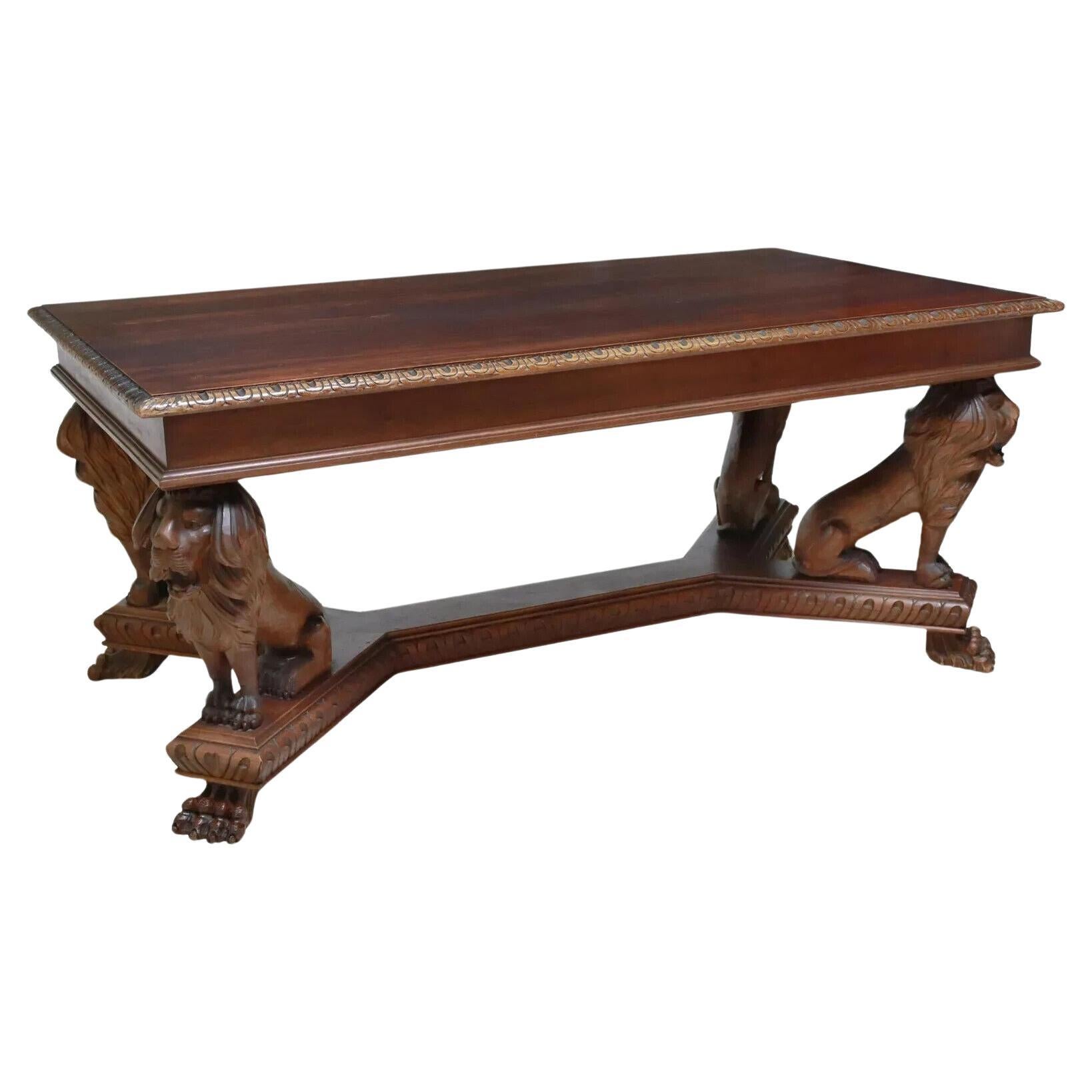 E. 1900
s Antique Italian Renaissance Revival, Carved, Carved Border, Lion Table